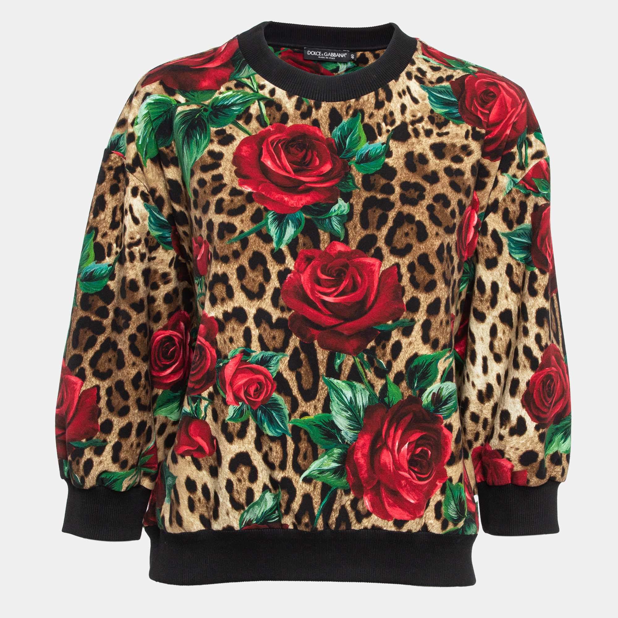 Pre Owned Dolce & Gabbana Brown Rose and Leopard Print Jersey Sweatshirt S