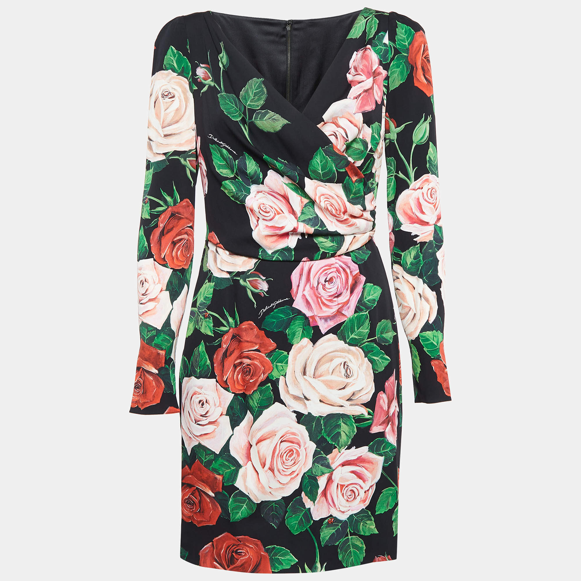 Pre Owned Dolce & Gabbana Black Rose Print Stretch Silk Mini Dress M