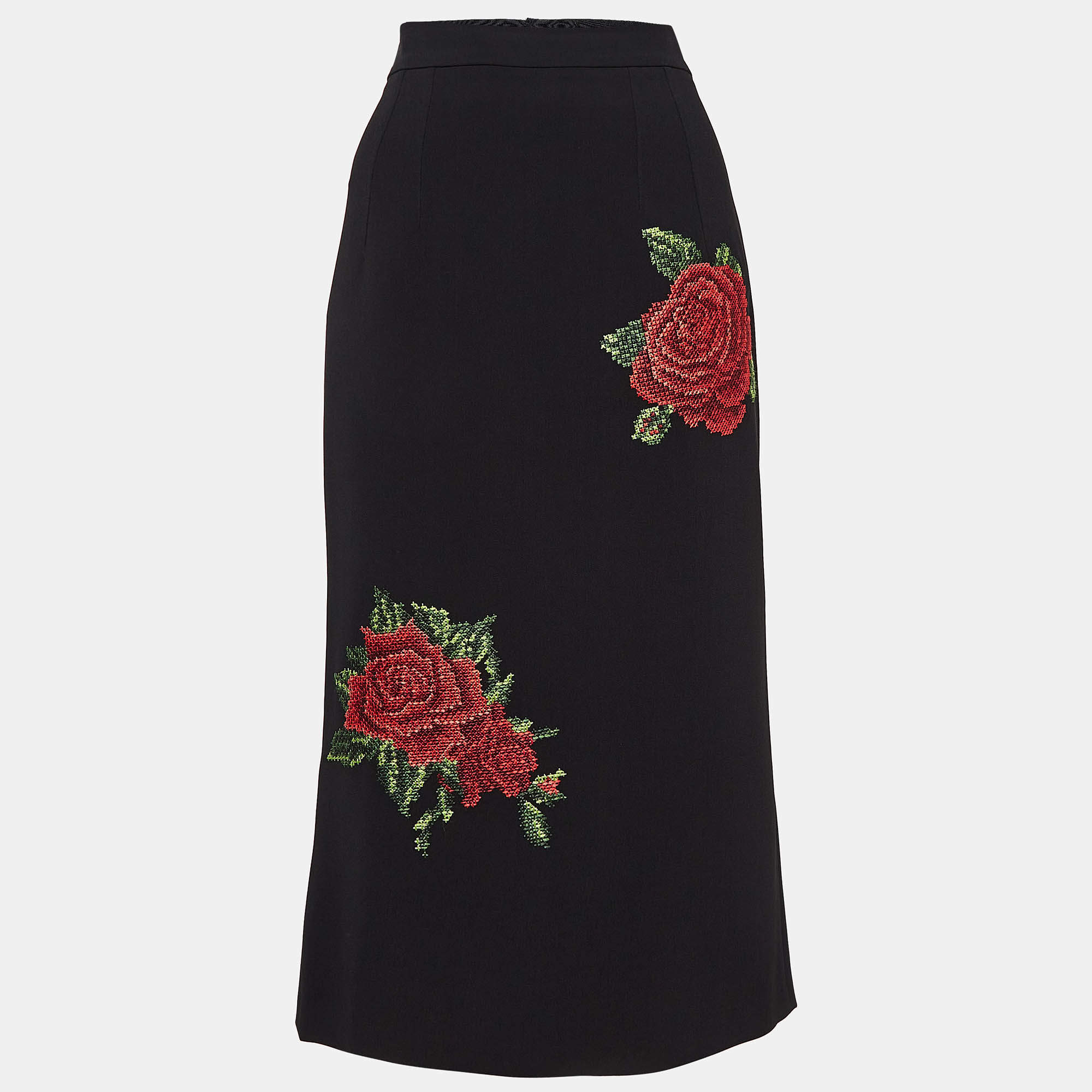 Pre Owned Dolce & Gabbana Black Rose Embroidered Crepe Pencil Skirt S