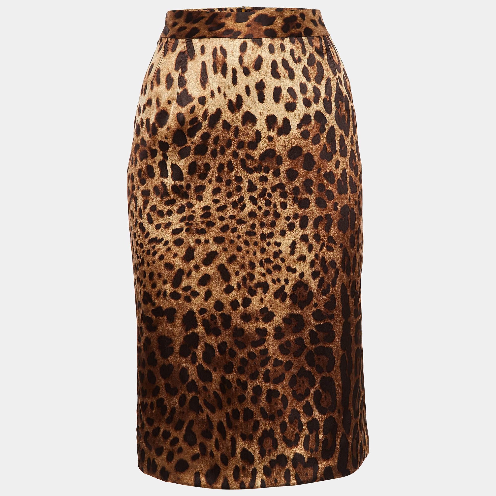 مملوكة مسبقًا Dolce & Gabbana Brown Leopard Print Stretch Silk Pencil Skirt M