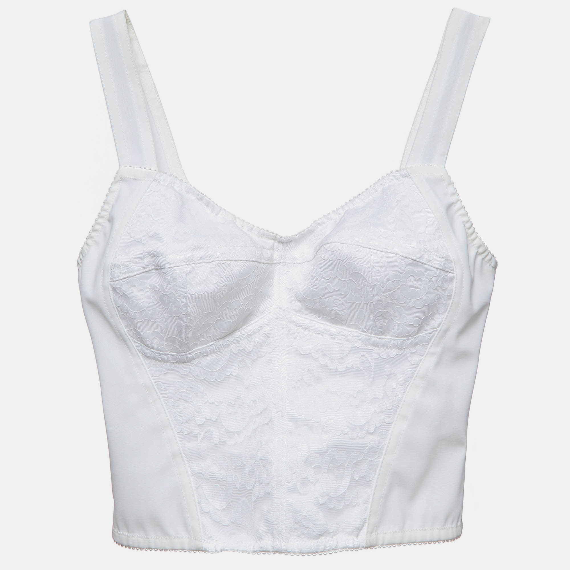 Pre Owned Dolce & Gabbana White Lace Trim Stretch Crepe Crop Top M