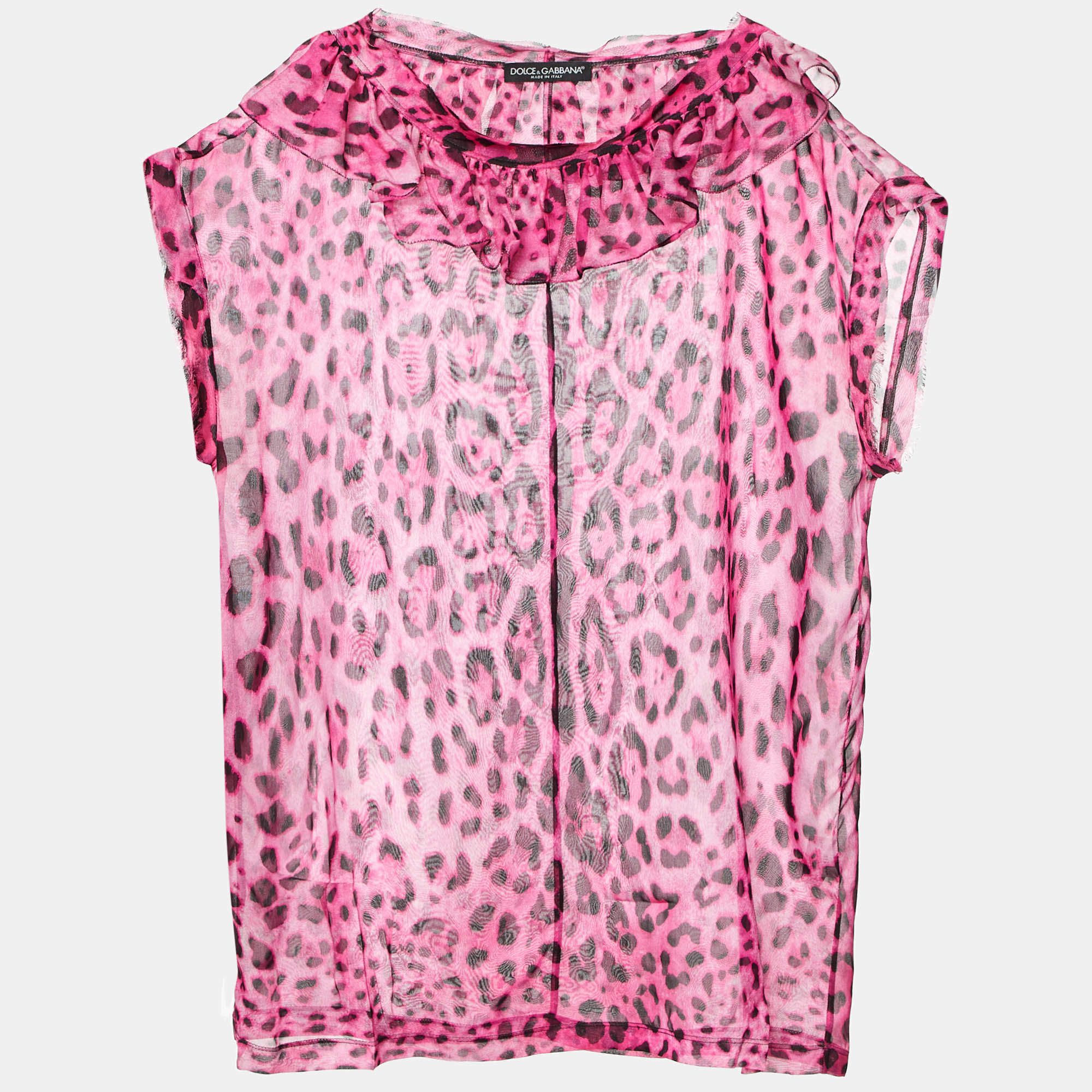 مملوكة مسبقًا Dolce & Gabbana Pink Leopard Print Silk Ruffle Top L