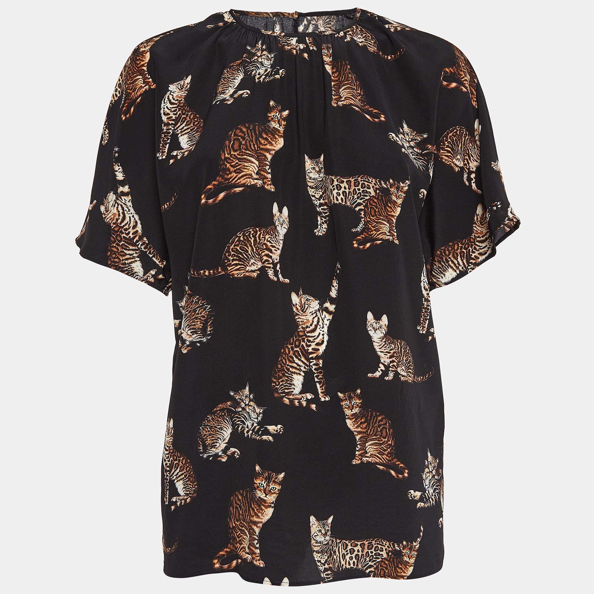 Pre Owned Dolce & Gabbana Black Cat Print Silk Top S