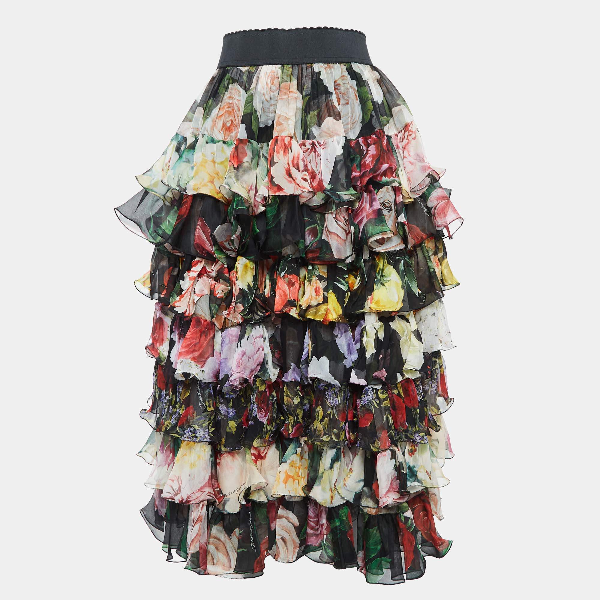 Pre Owned Dolce & Gabbana Black Multicolor Floral Print Silk Ruffled Skirt M