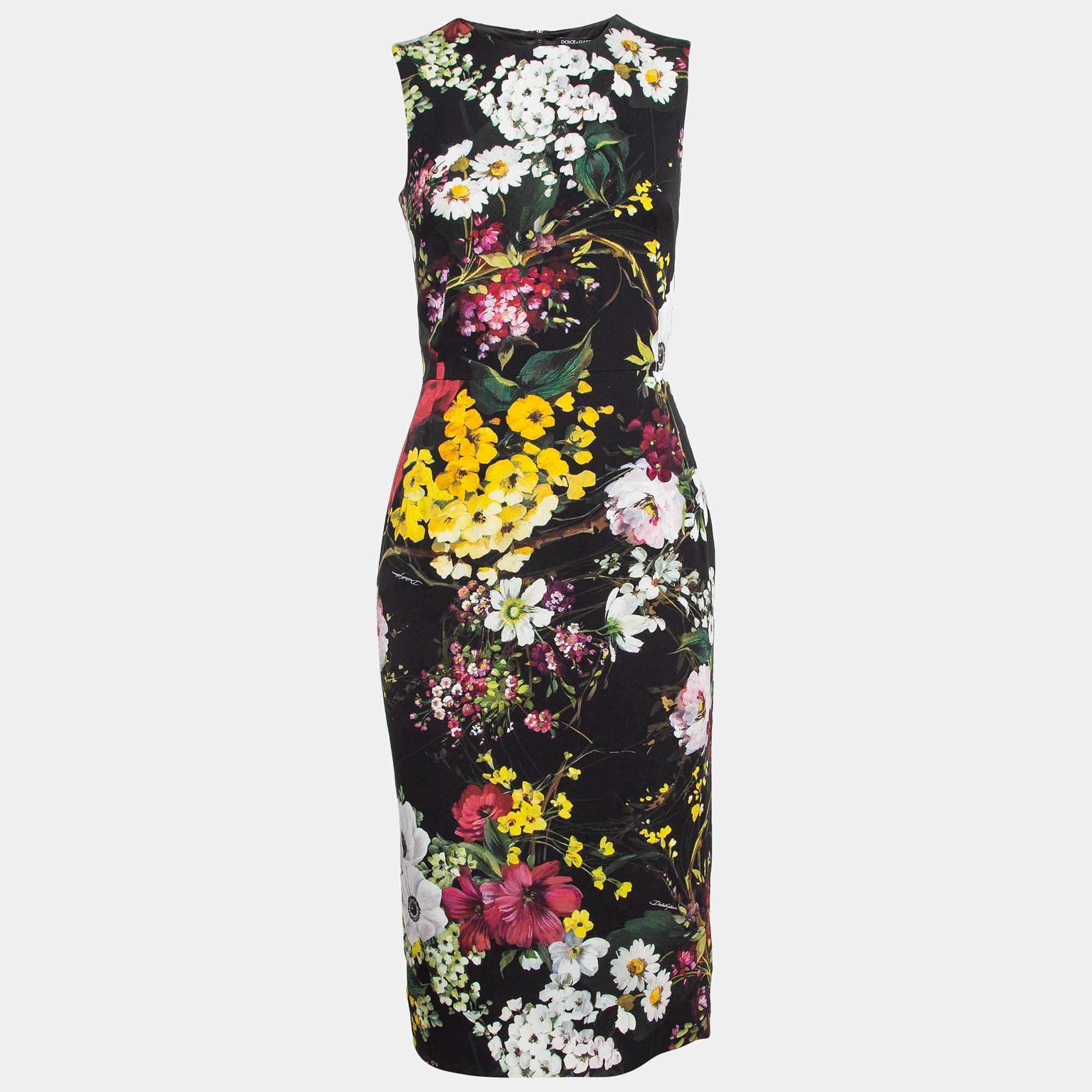 Pre Owned Dolce & Gabbana Black Floral Print Silk Sheath Dress S