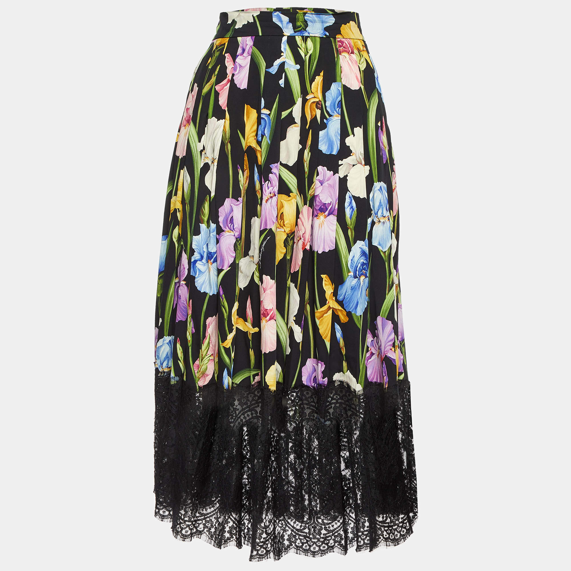 Pre Owned Dolce & Gabbana Black Floral Print Silk Blend Midi Skirt M