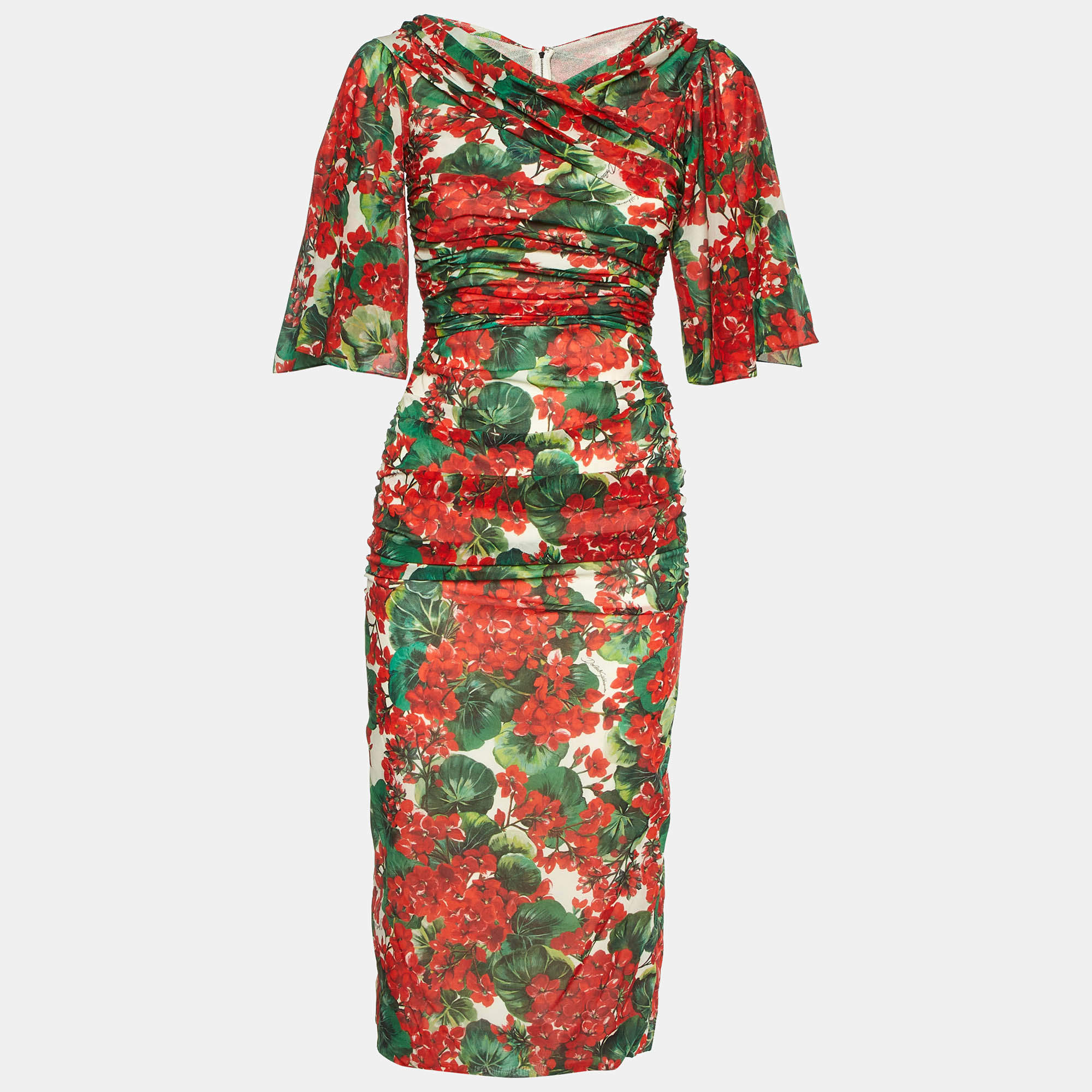 Pre Owned Dolce & Gabbana Multicolor Geranium Print Crepe Ruched Midi Dress S