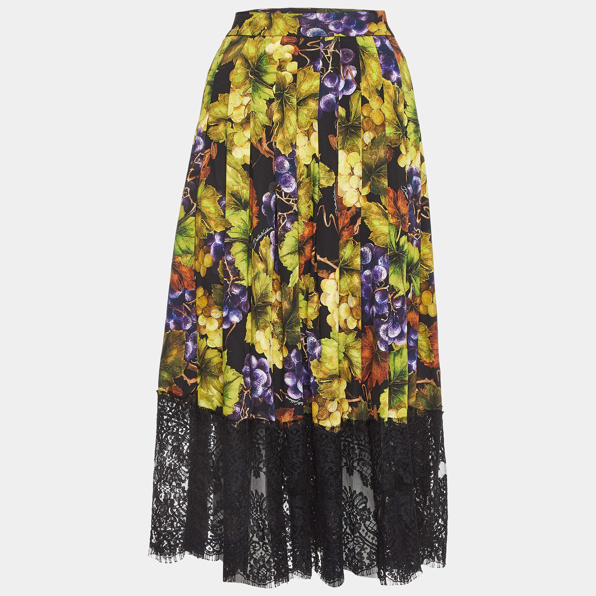 Pre Owned Dolce & Gabbana Black Grape And Floral Print Silk Blend Maxi Skirt M