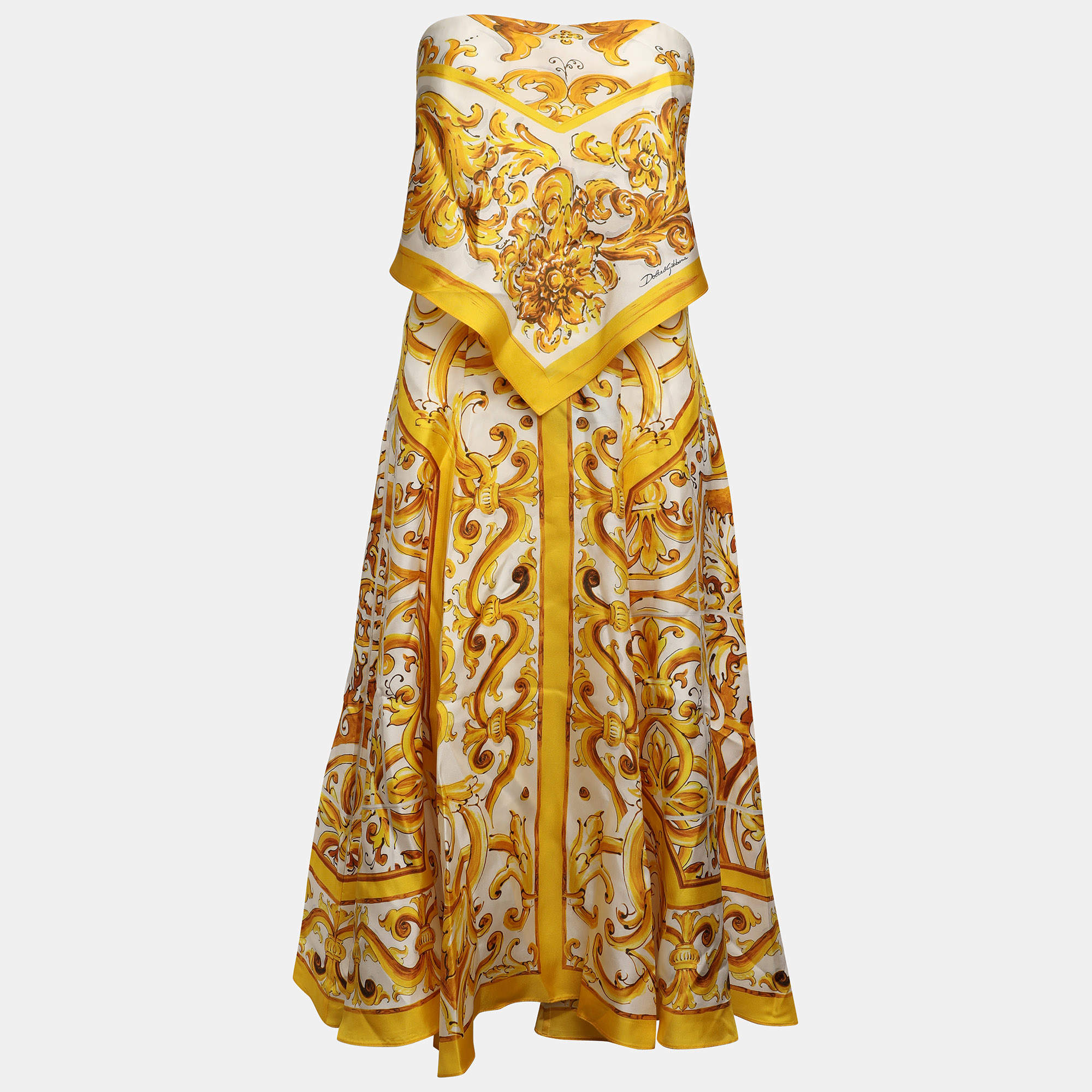 Pre Owned Dolce & Gabbana Yellow/White Majolica Print Silk Scarf Midi Dress S
