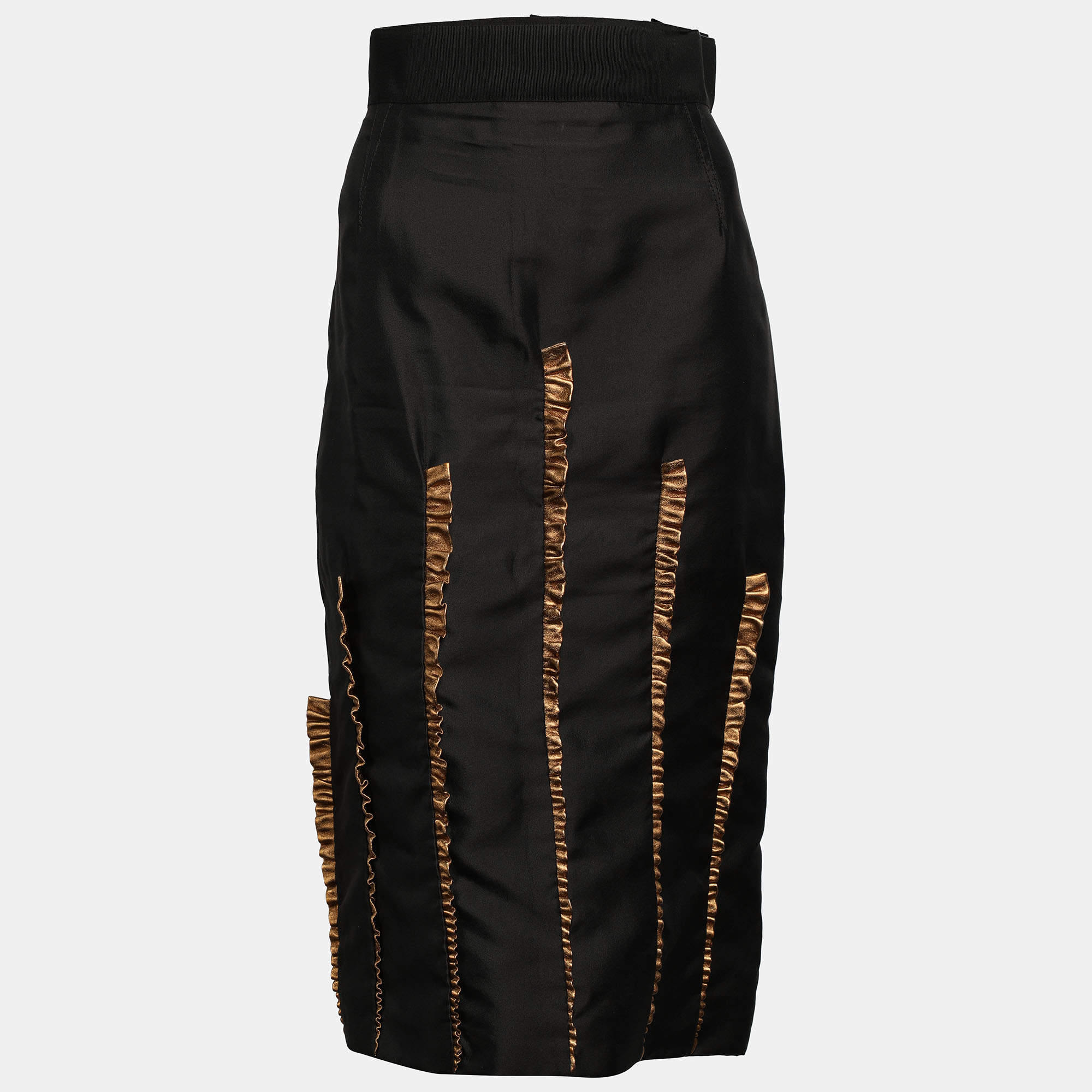 Pre Owned Dolce & Gabbana Black/Gold Silk Ruffled Midi Skirt M