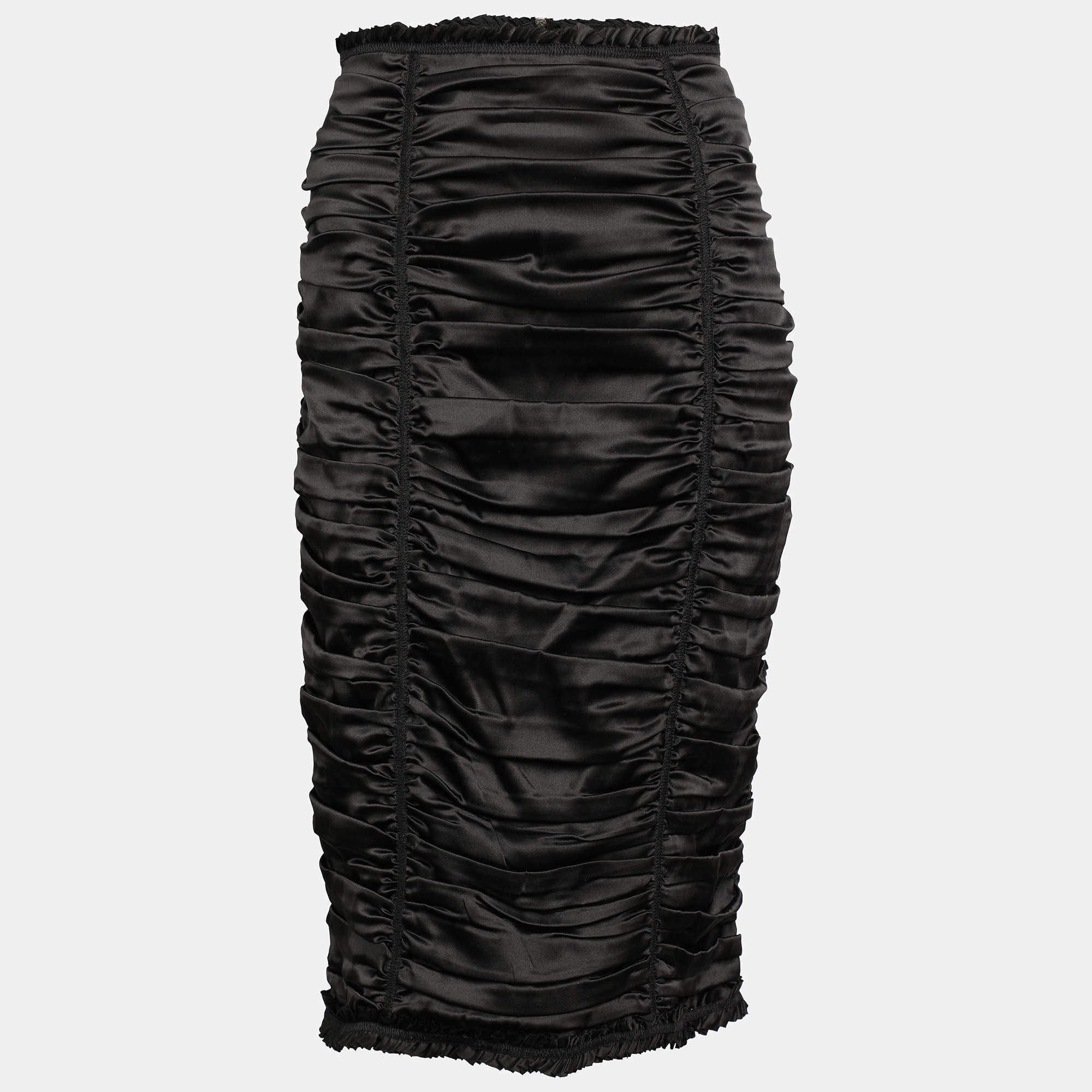 Pre Owned D&G Black Silk Ruched Detail Midi Skirt L