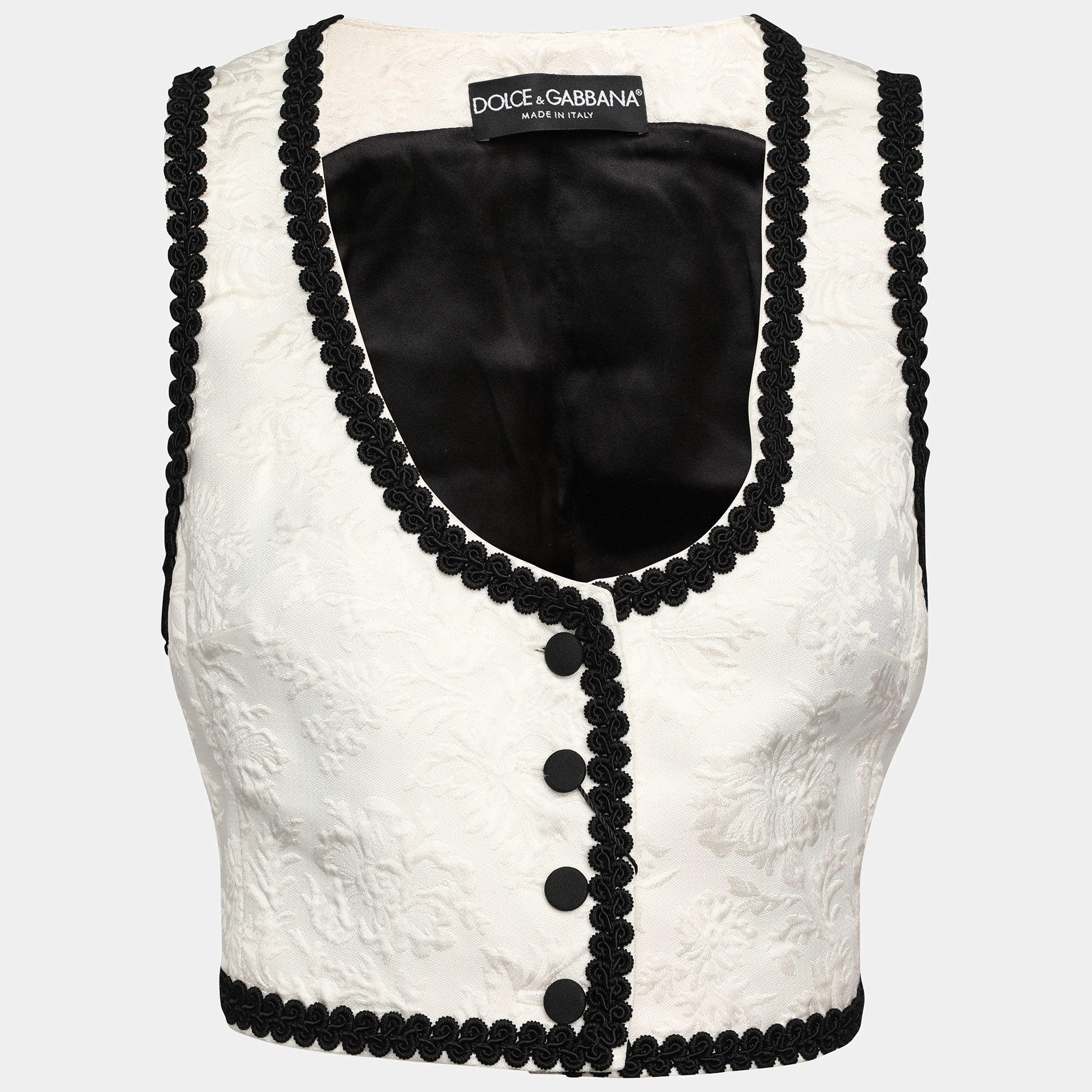 Pre Owned Dolce & Gabbana White/Black Floral Jacquard Cropped Vest S