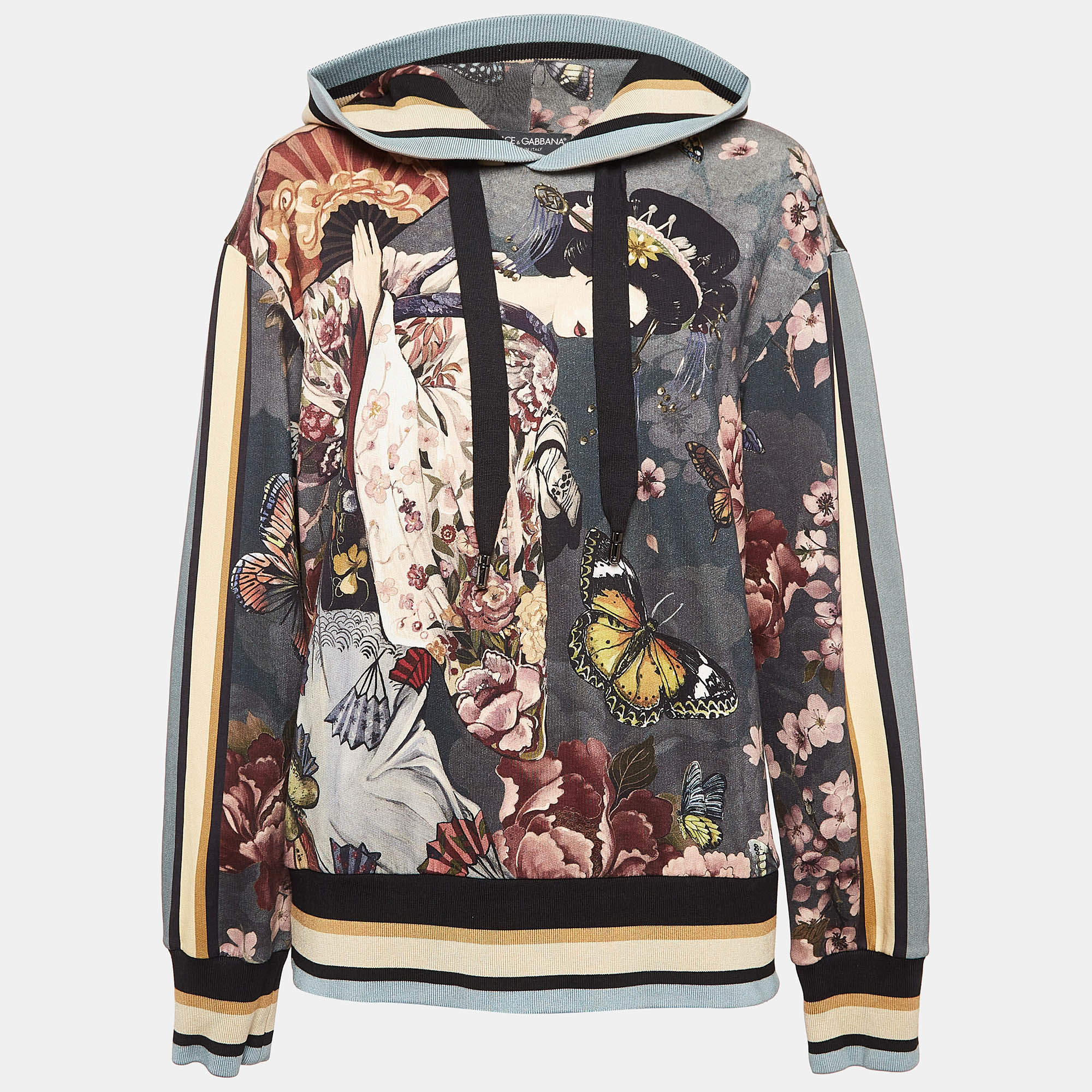 Pre Owned Dolce & Gabbana Grey Printed Cotton Knit Hoodie L