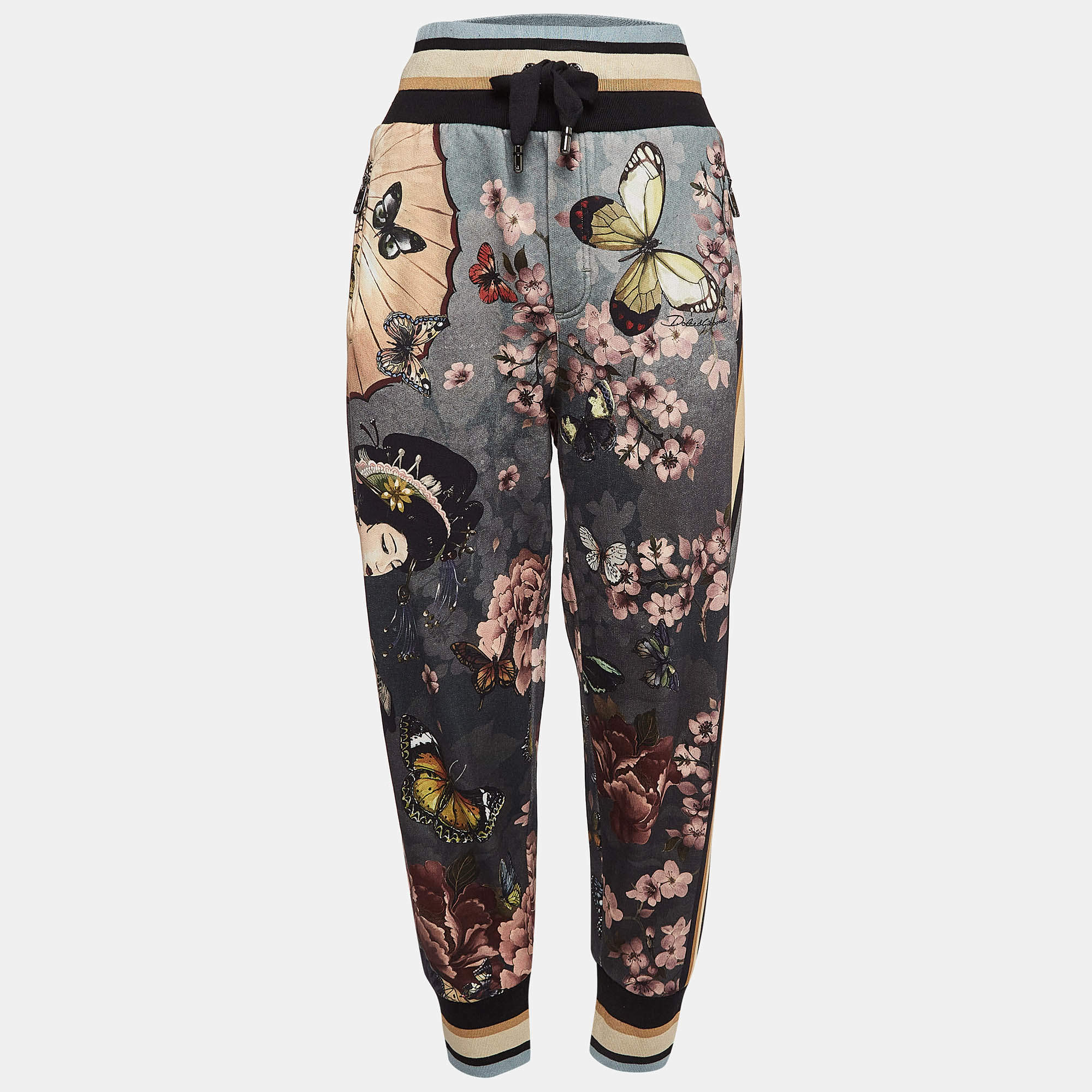 Pre Owned Dolce & Gabbana Grey Floral Print Cotton Joggers L