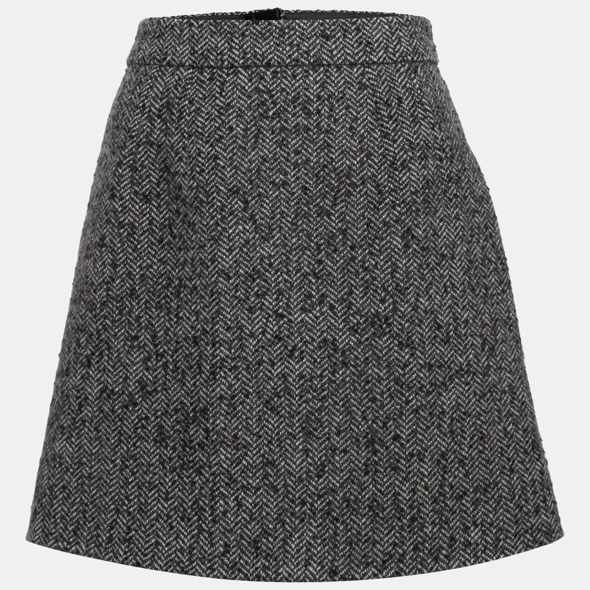 Pre Owned Dolce & Gabbana Grey Herringbone Wool Blend Mini Skirt M