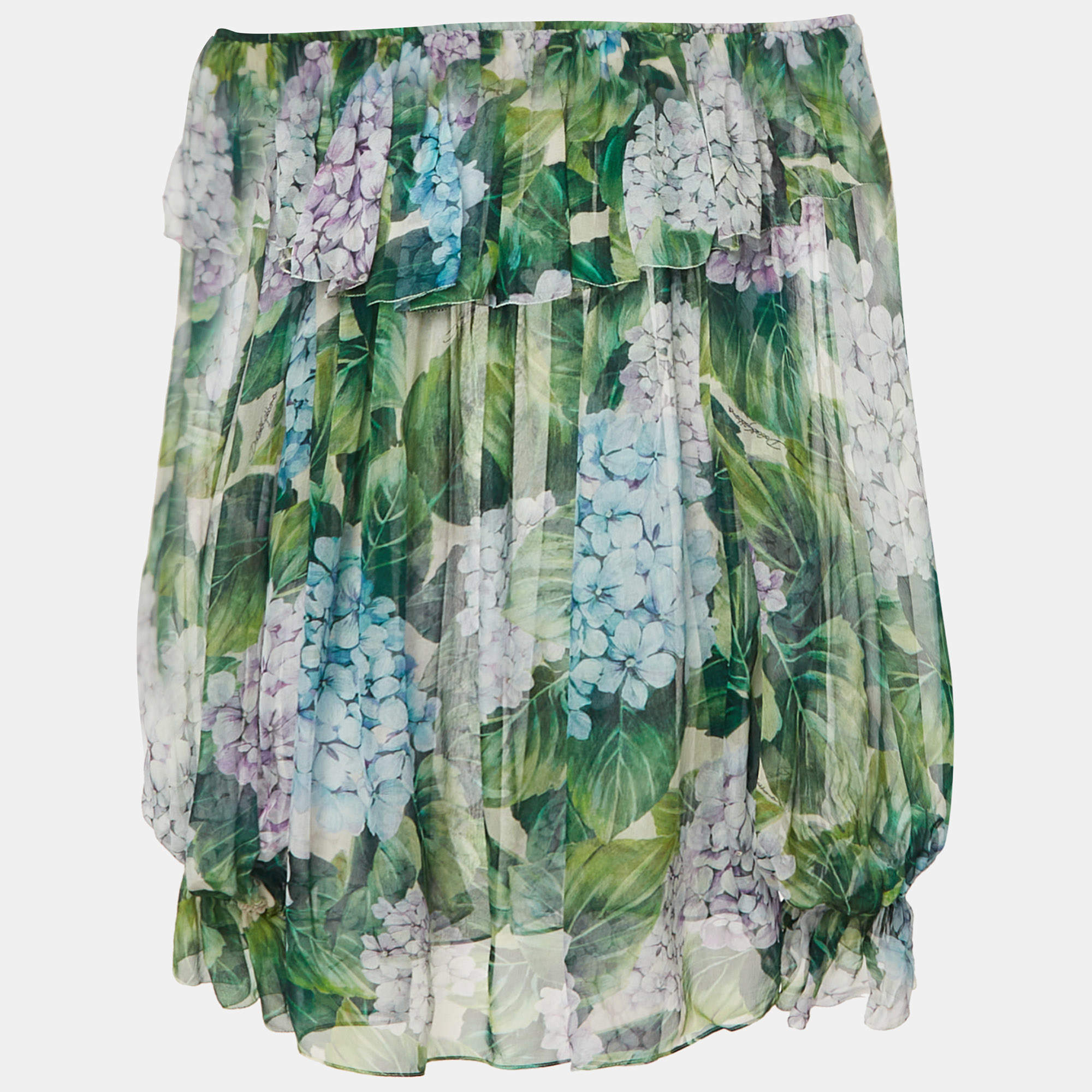 Pre Owned Dolce & Gabbana Green Hydrangea Print Silk Off-Shoulder Top M