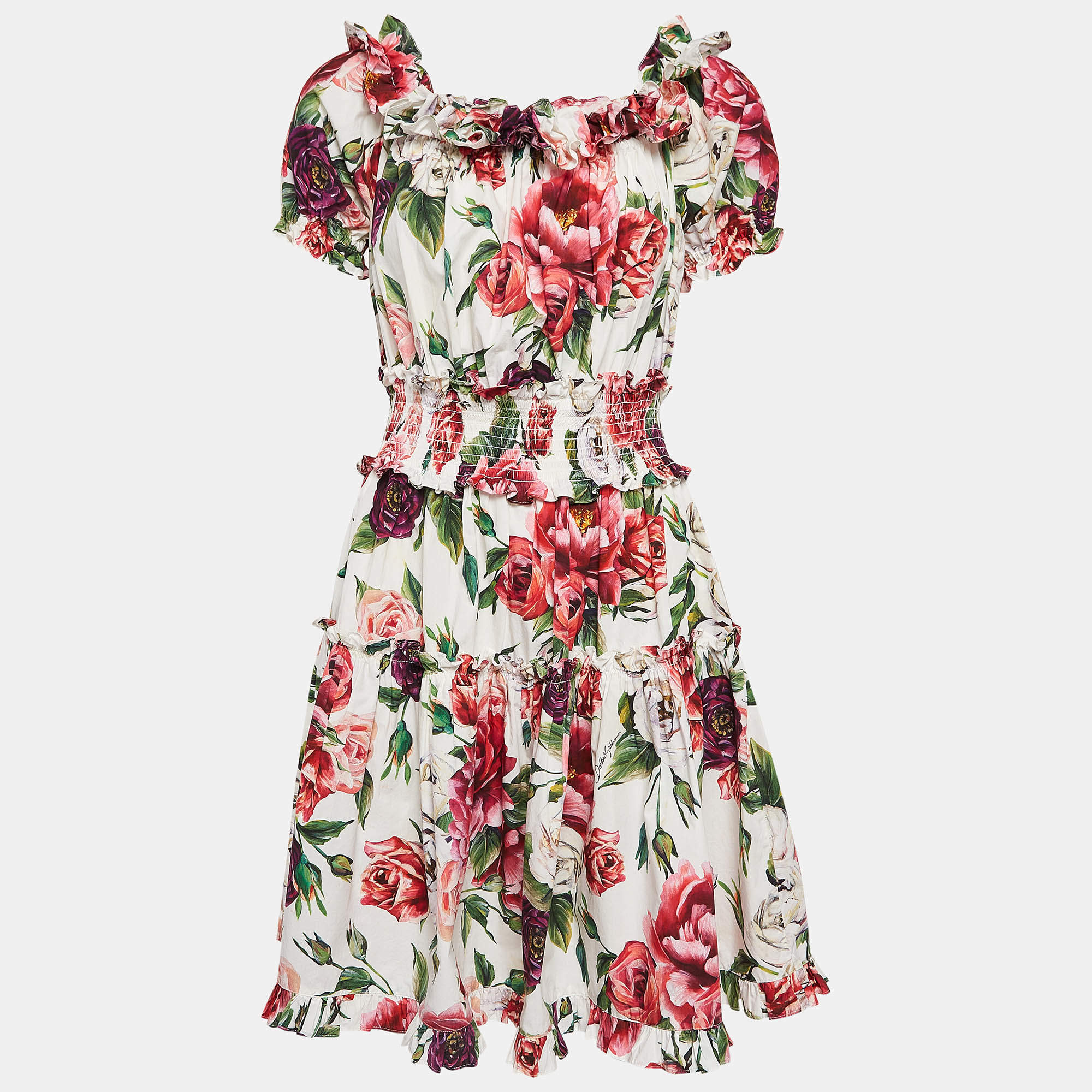Pre Owned Dolce & Gabbana White Floral Print Cotton Ruffled Dress L