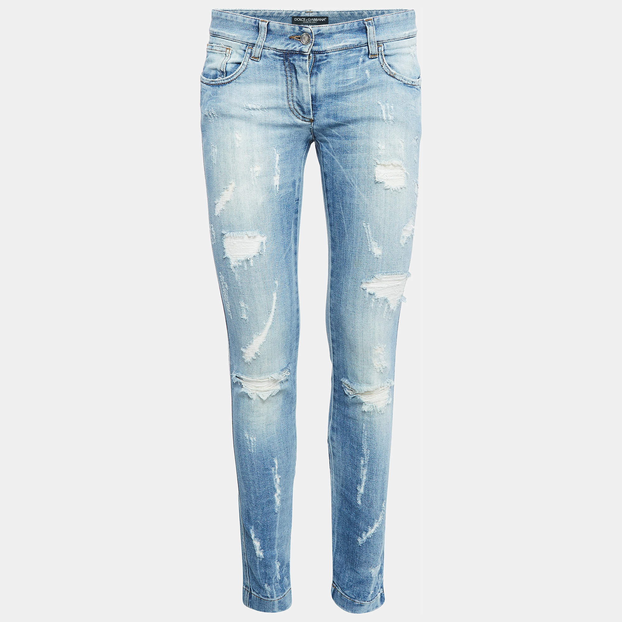 Pre Owned Dolce & Gabbana Blue Distressed Denim Skinny Jeans S Waist 30"