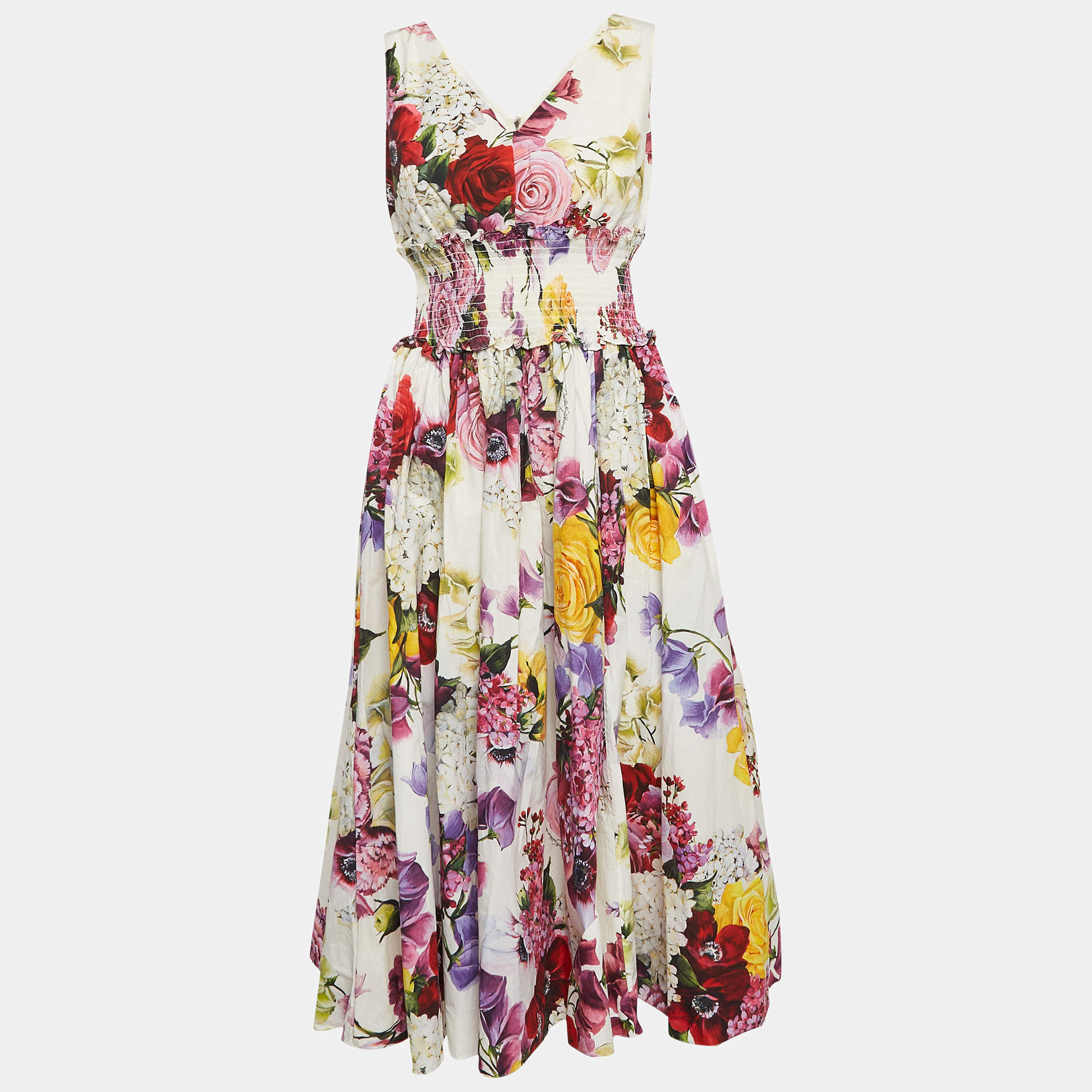 Pre Owned Dolce & Gabbana White Floral Print Poplin Smocking Effect Midi Dress M
