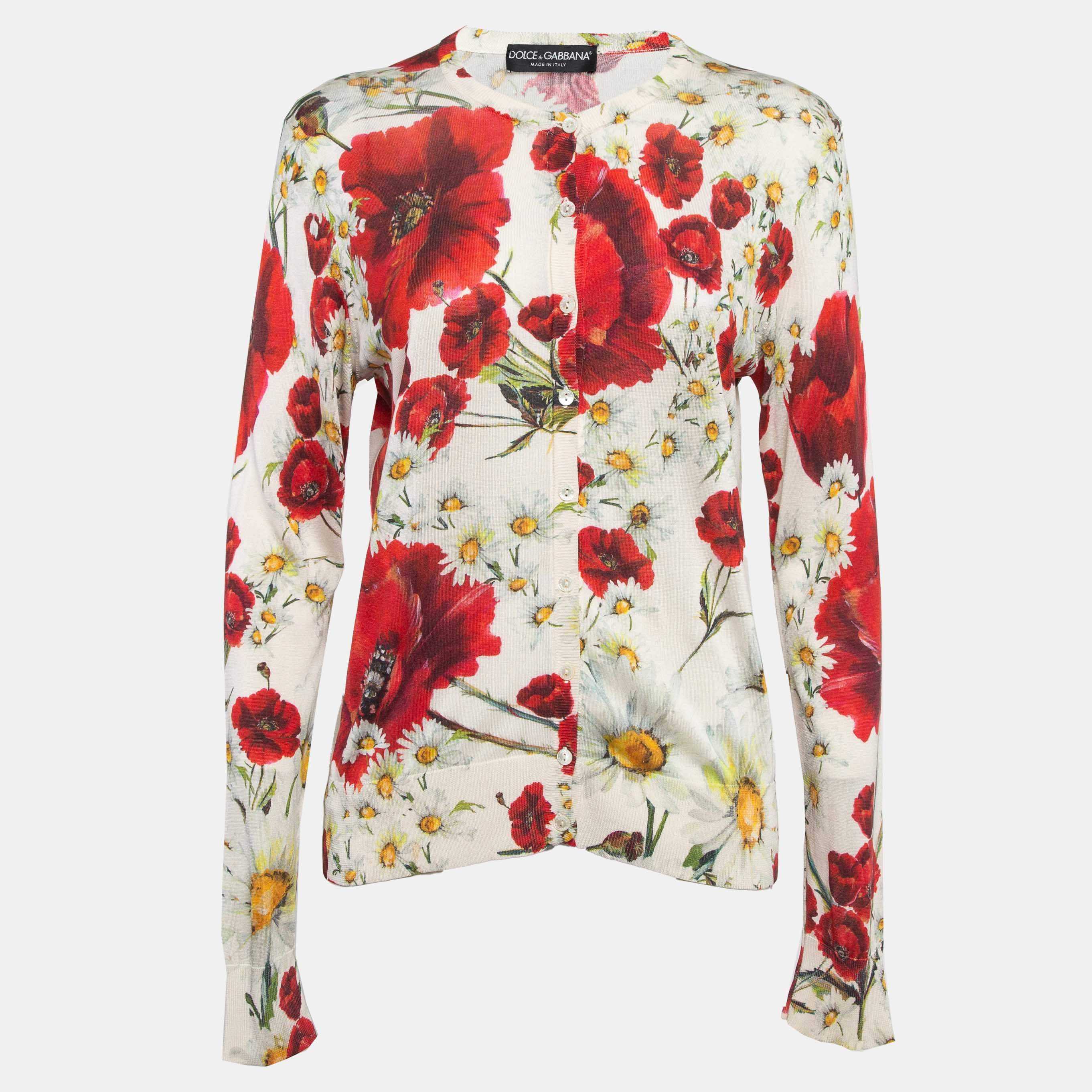 مملوكة مسبقًا Dolce & Gabbana Multicolor Floral Print Silk Knit Button Front Cardigan L