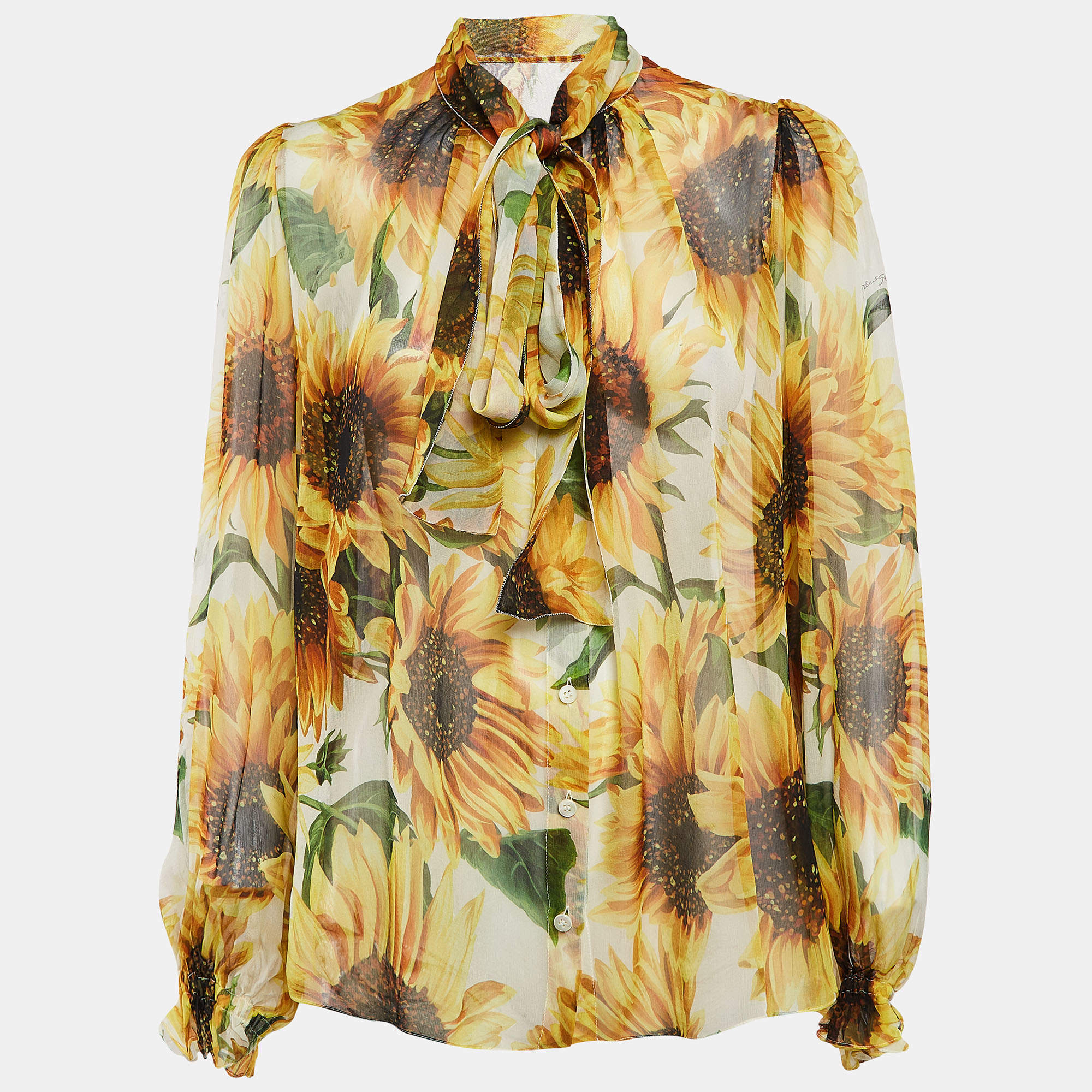 Pre Owned Dolce & Gabbana Yellow Floral Print Button Front Tie-Up Neck Blouse S