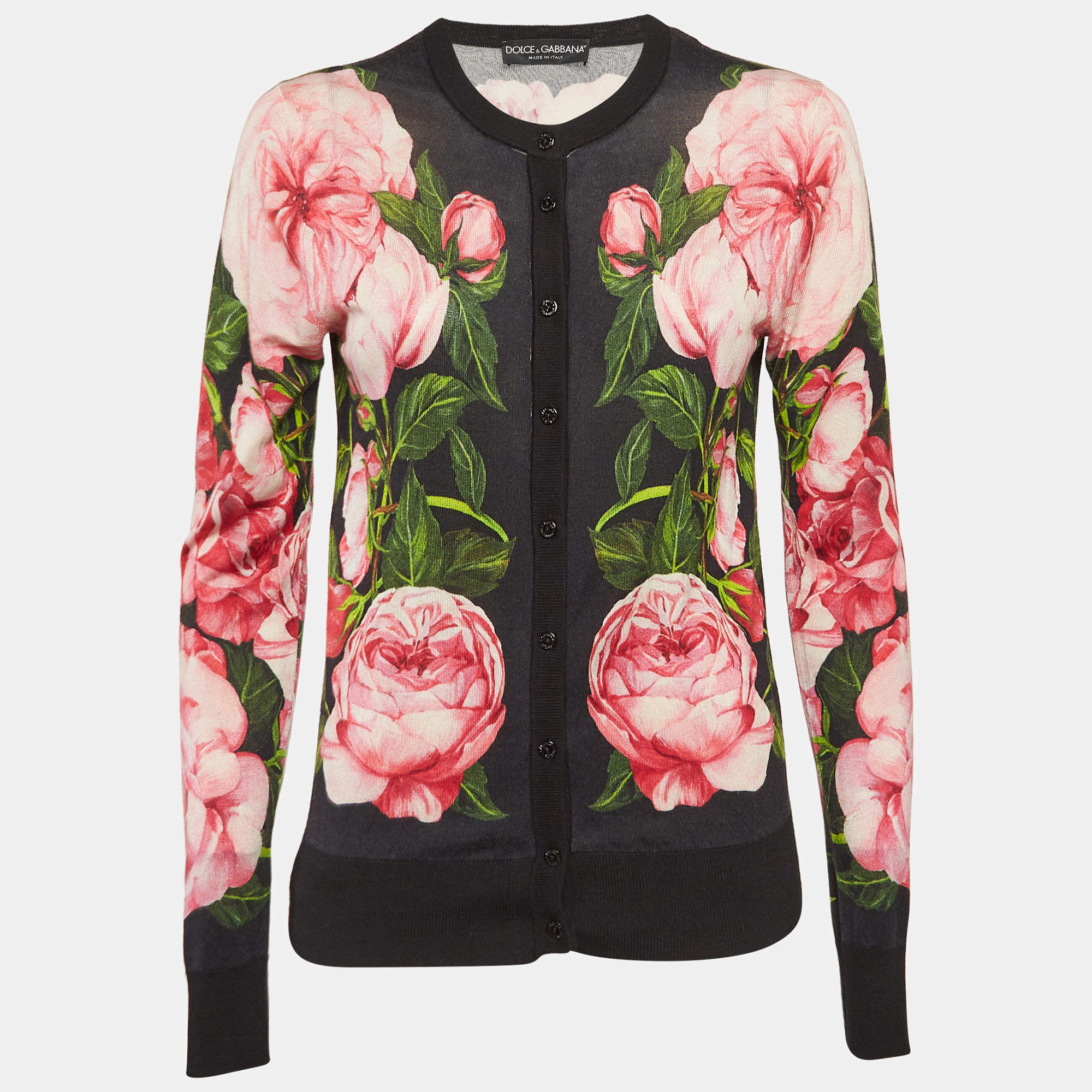 Pre Owned Dolce & Gabbana Black Floral Print Knit Button Front Cardigan S