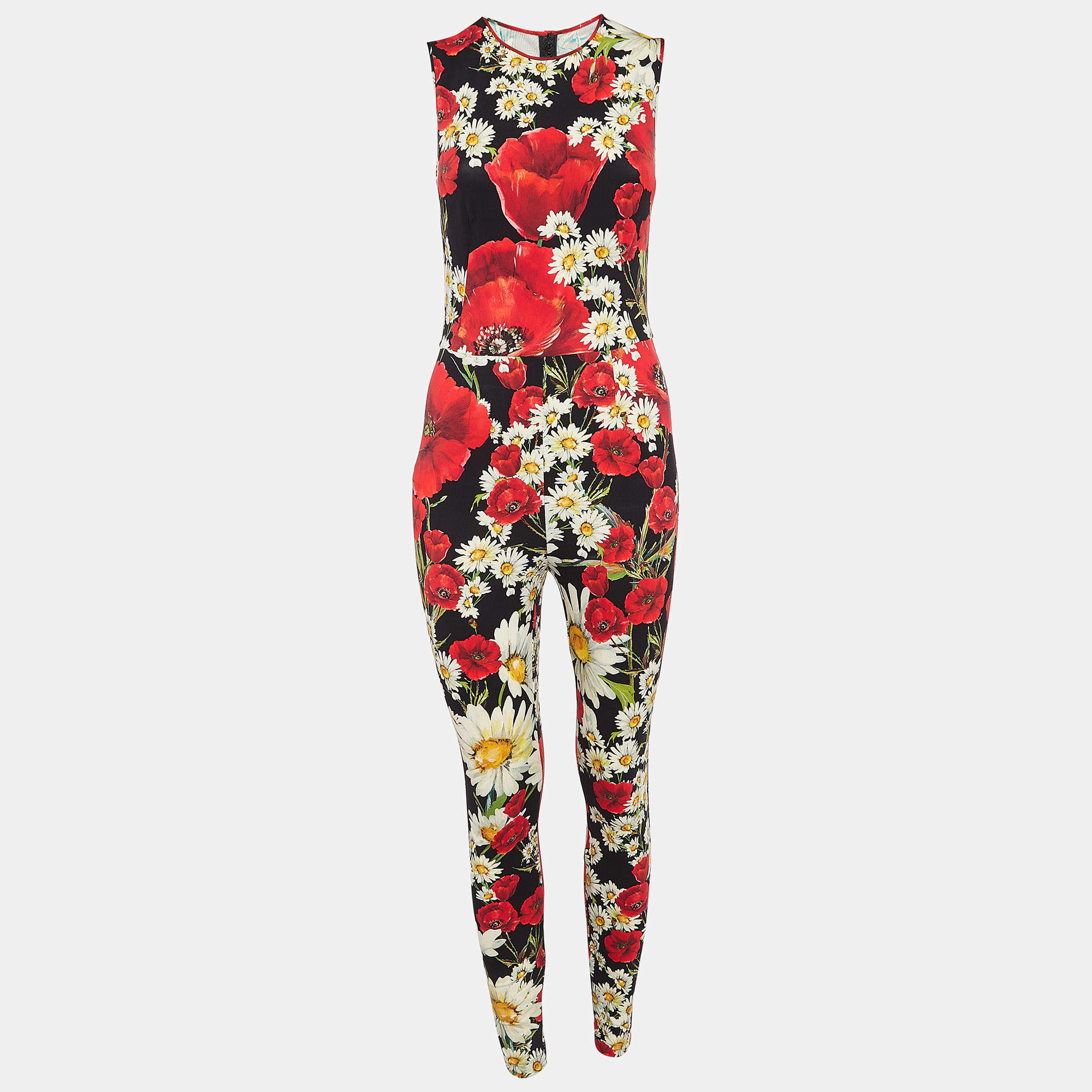 Dolce & Gabbana Black Floral Print Jersey Catsuit Jumpsuit S