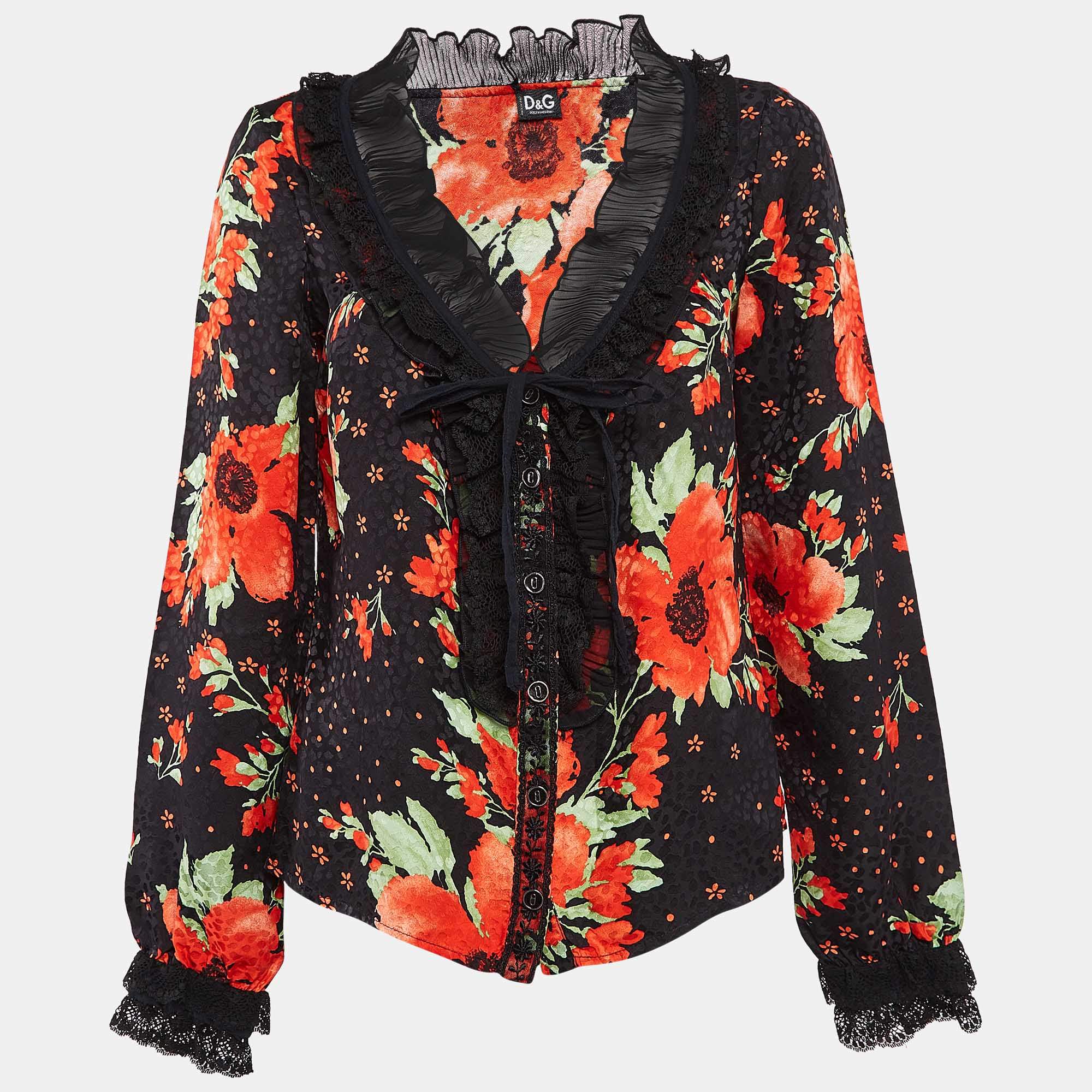Pre Owned Dolce & Gabbana Black Floral Print Satin Ruffled Shirt M