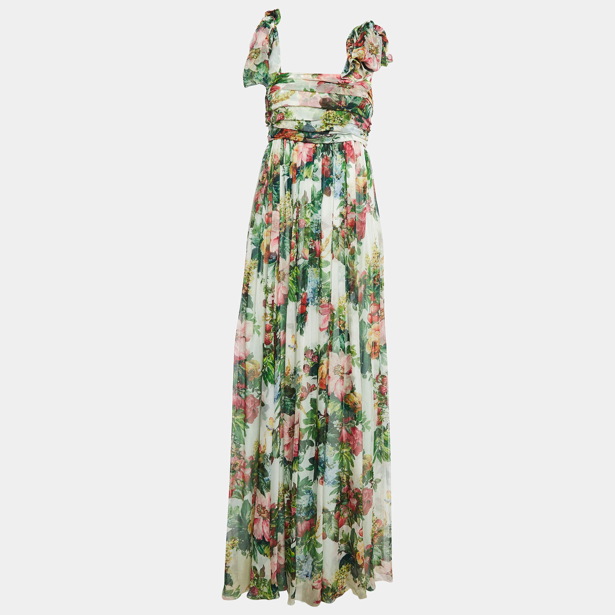 Pre Owned Dolce & Gabbana Green Floral Print Chiffon Silk Waist Tie Detail Maxi Dress S