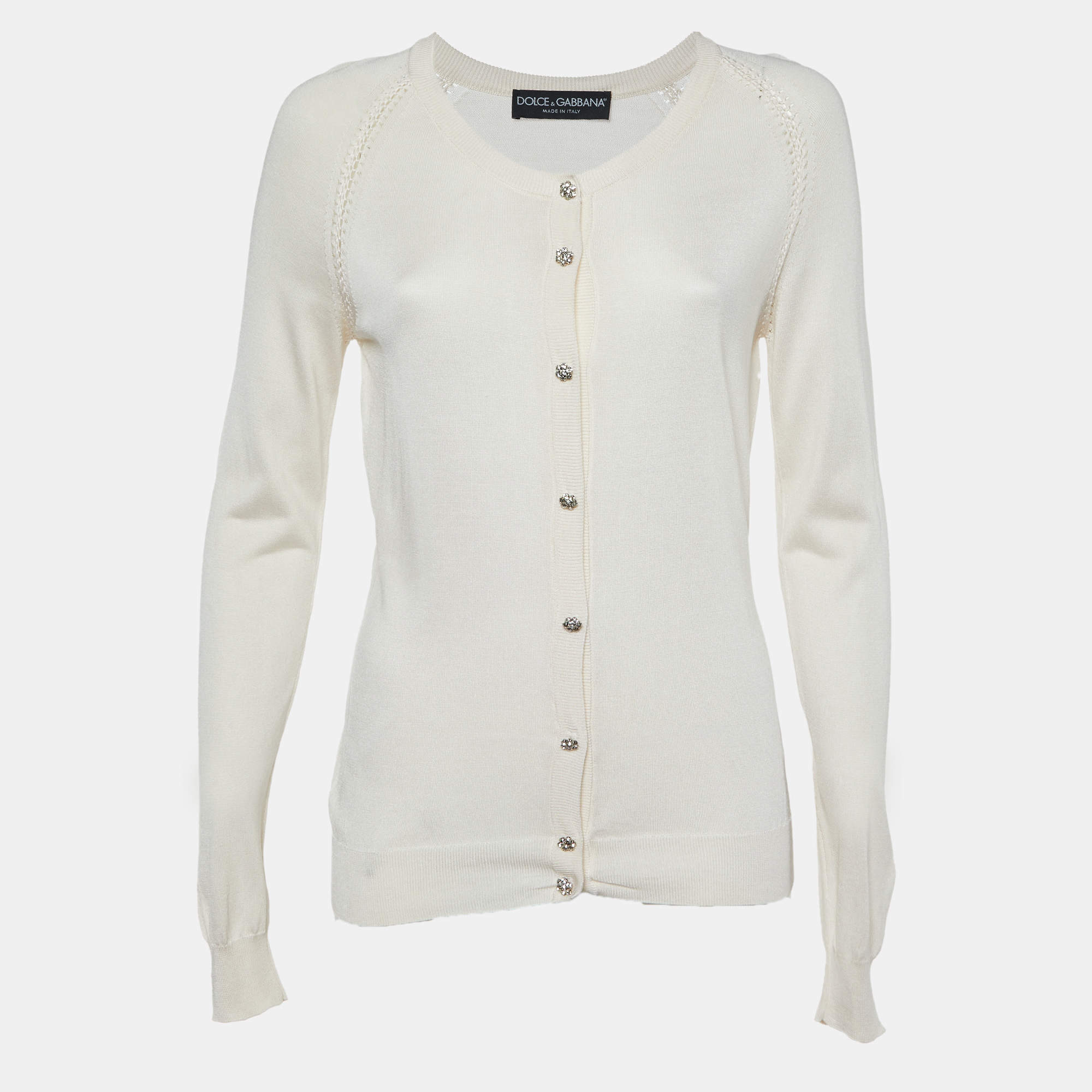 Pre Owned Dolce & Gabbana Cream Silk Knit Crystal Button Front Cardigan L