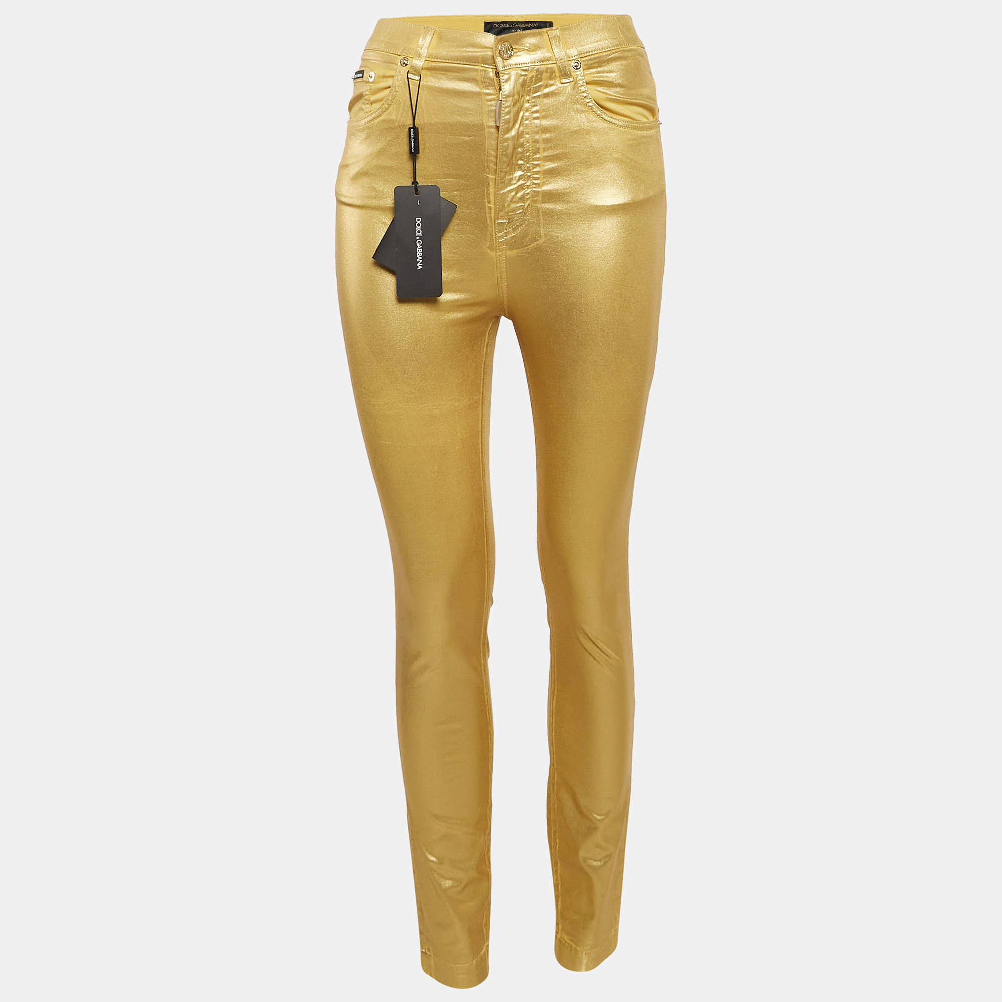 Pre Owned Dolce & Gabbana Metallic Gold Coated Cotton Grace Skinny Pants S