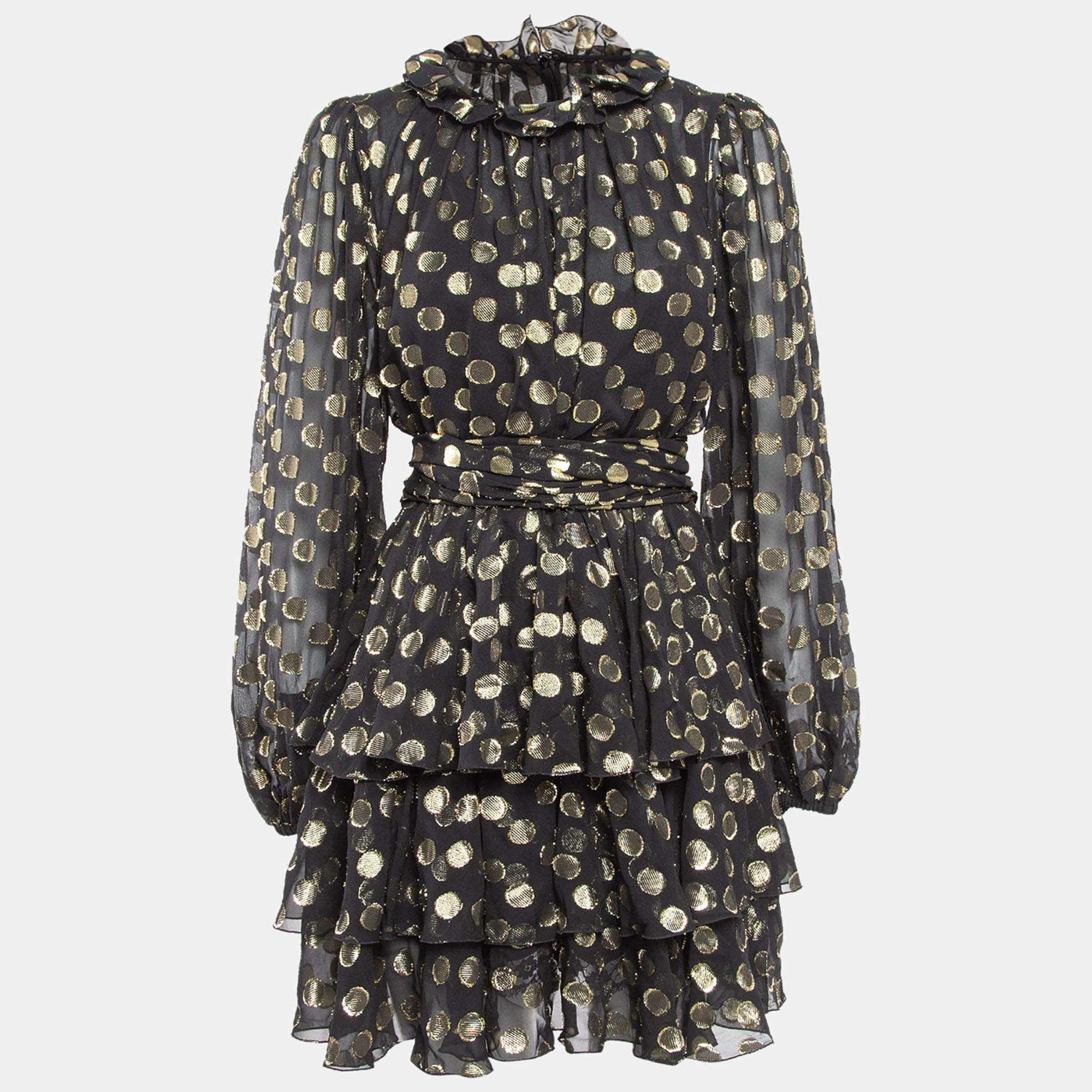 Pre Owned Dolce & Gabbana Black Polka Dot Silk Brocade Tie-Up Waist Mini Dress M