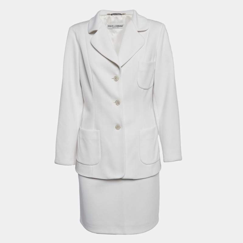 Pre Owned Dolce & Gabbana Vintage White Knit Single Breasted Skirt Suit M