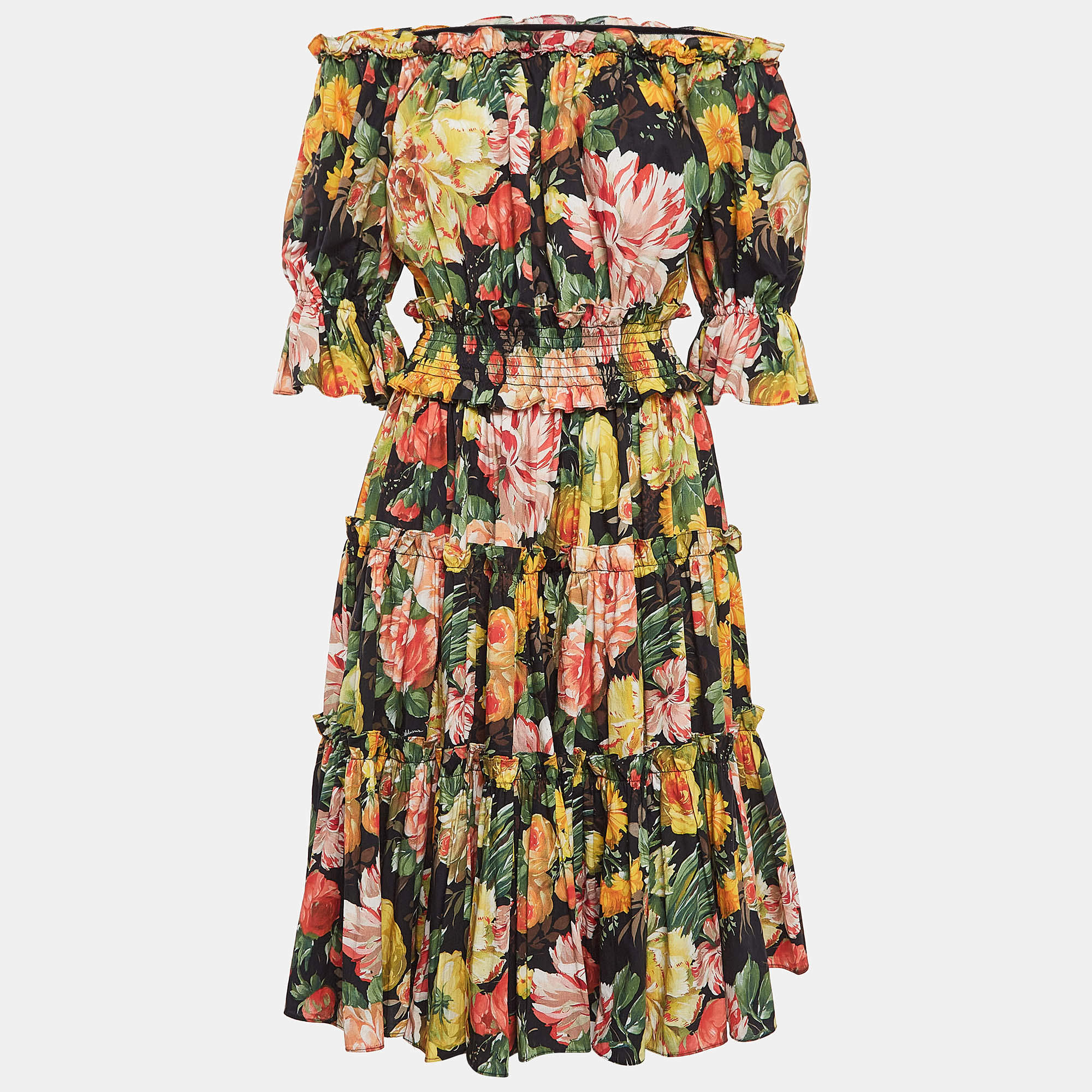 Pre Owned Dolce & Gabbana Black Floral Print Cotton Tiered Midi Dress S