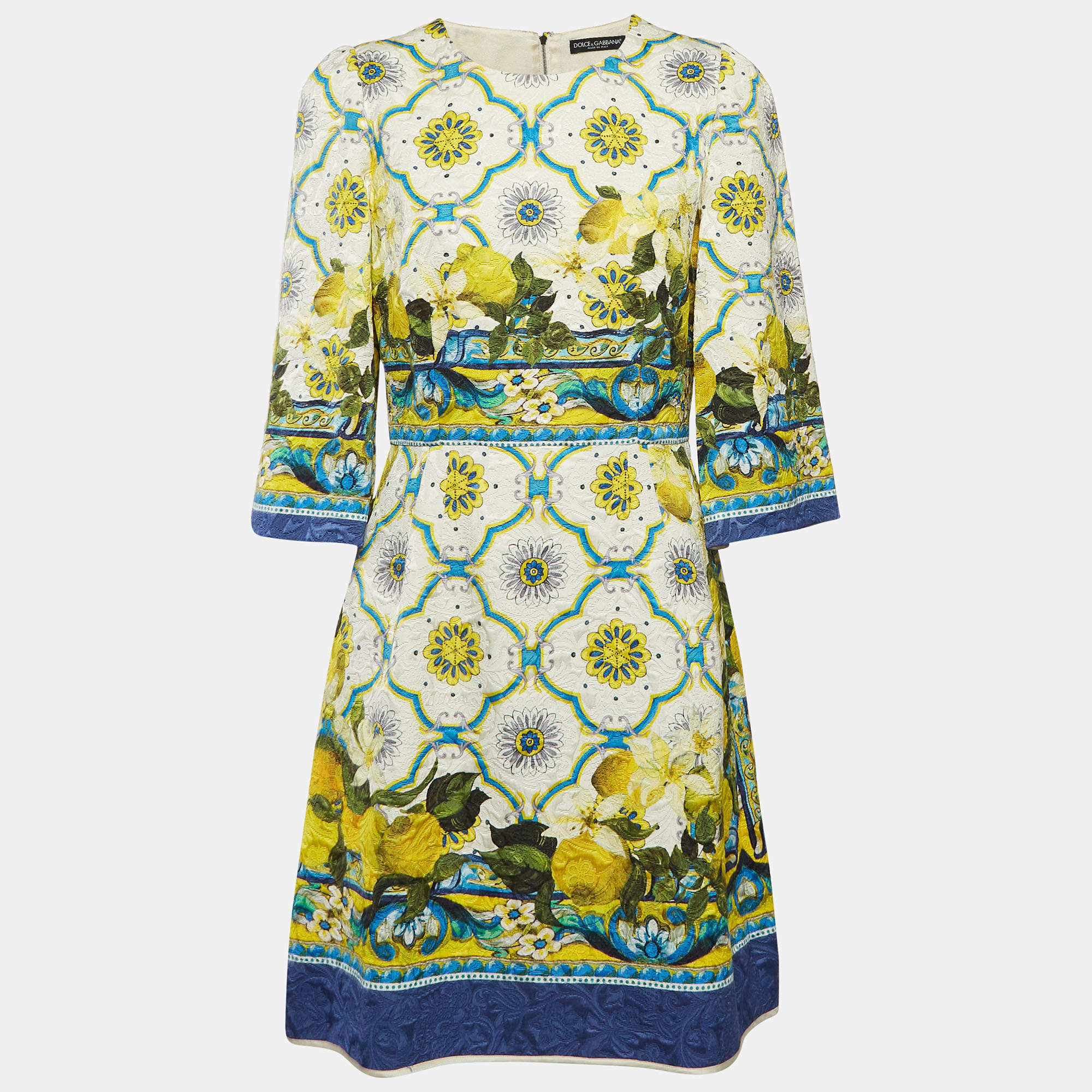 مملوكة مسبقًا Dolce & Gabbana White Lemon & Majolica Jacquard Short Dress M