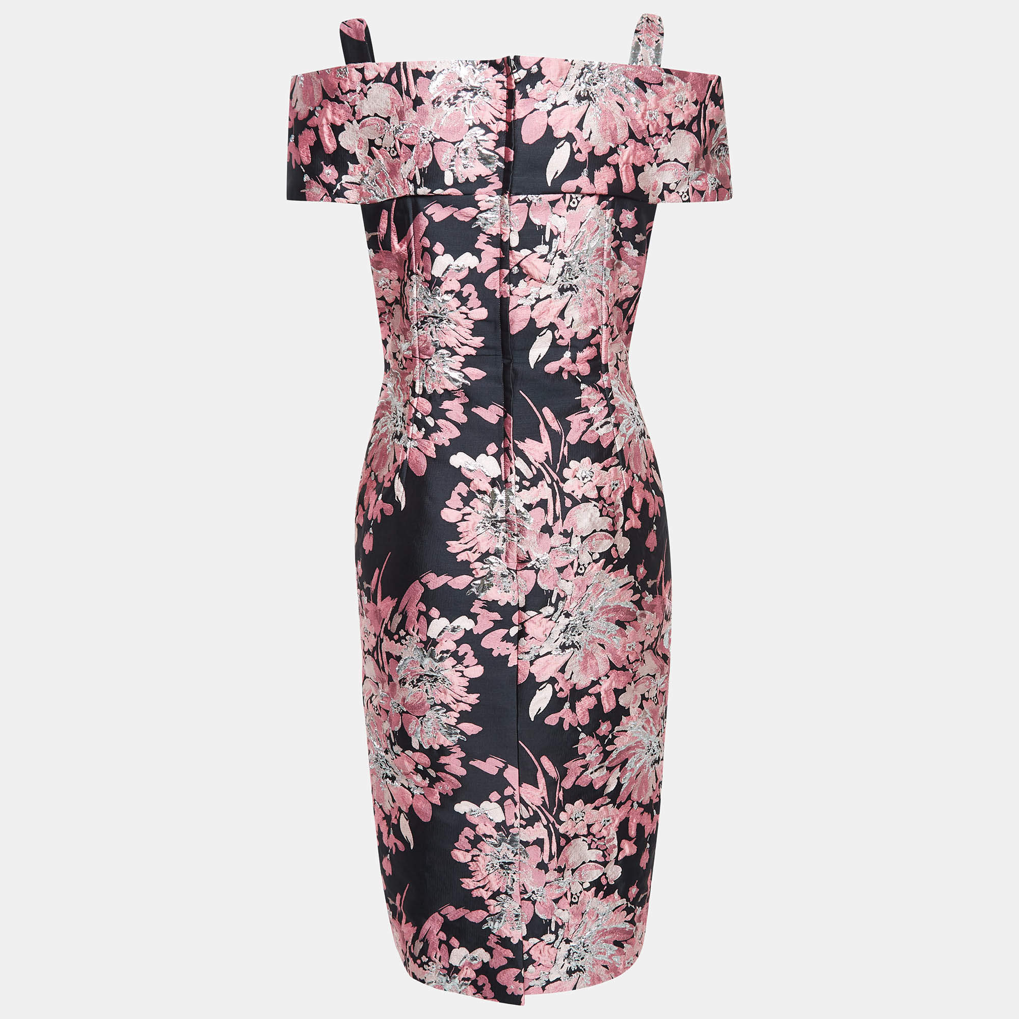 Pre Owned Dolce & Gabbana Black/Pink Lurex Jacquard Off-Shoulder Midi Dress L