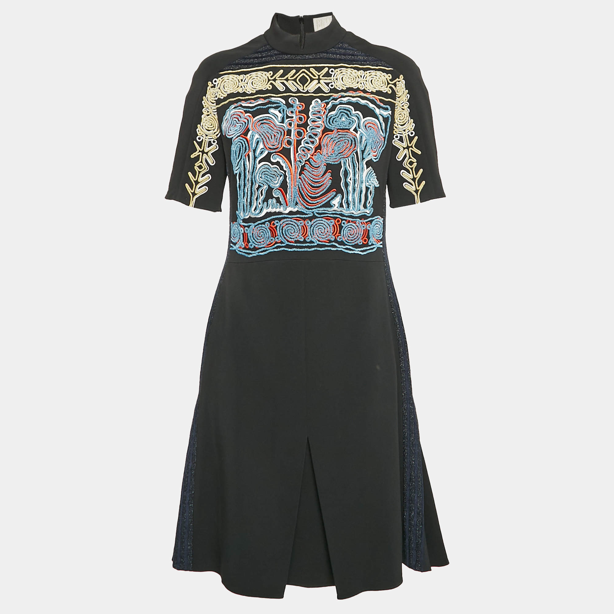 Pre Owned Peter Pilotto Black Embroidered Crepe Lace Trim Short Dress M
