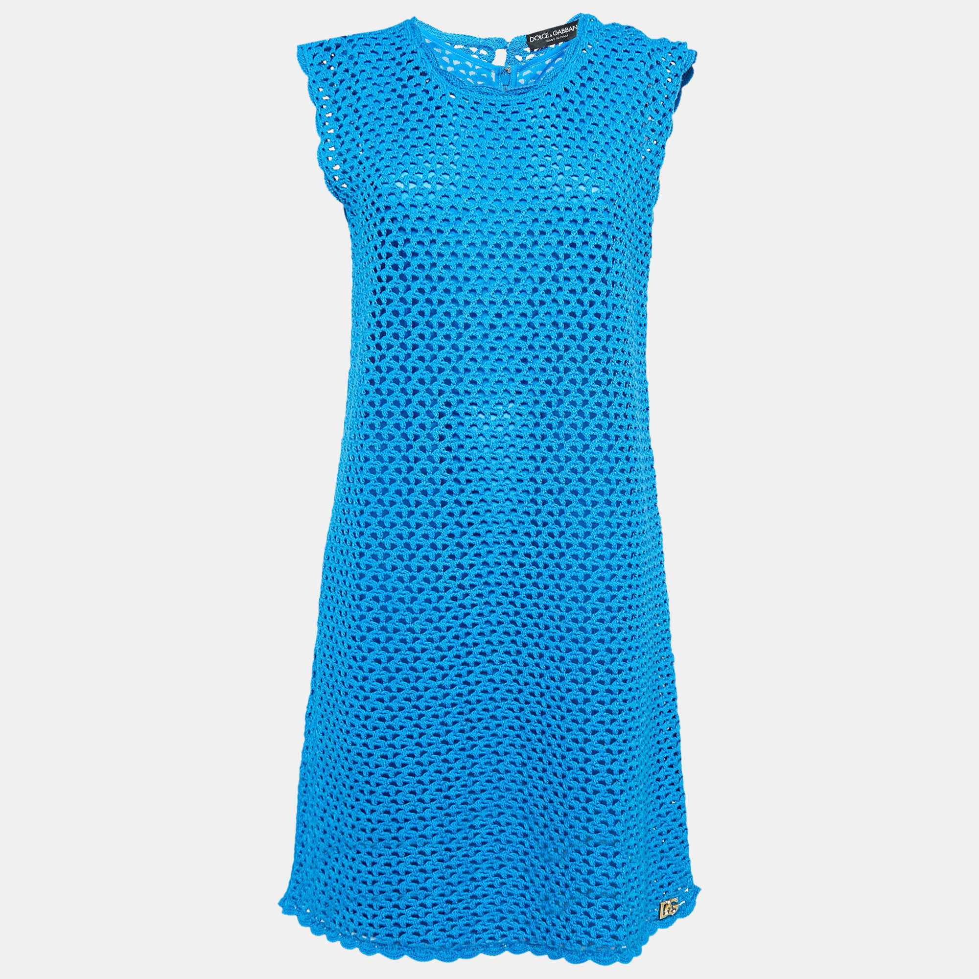 Pre Owned Dolce & Gabbana Blue Crotch Patterned Cotton Knit Midi Dress L