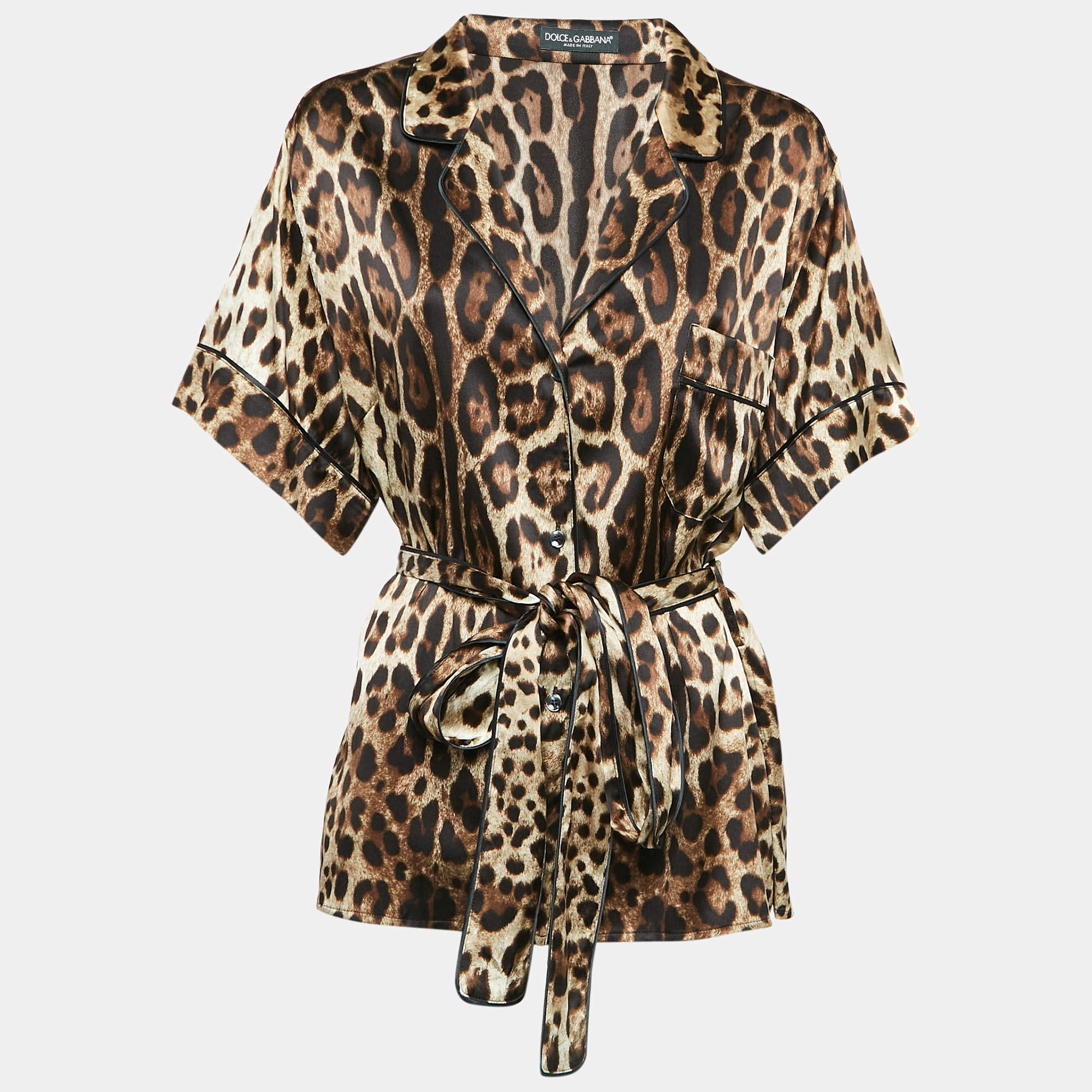 Pre Owned Dolce & Gabbana Brown Leopard Print Stretch Silk Belted Shirt XL
