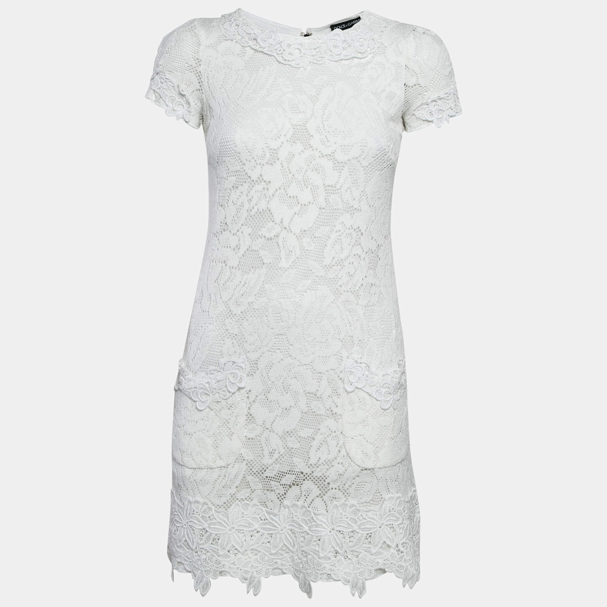 Pre Owned Dolce & Gabbana White Floral Lace Applique Trim Detail Mini Dress S