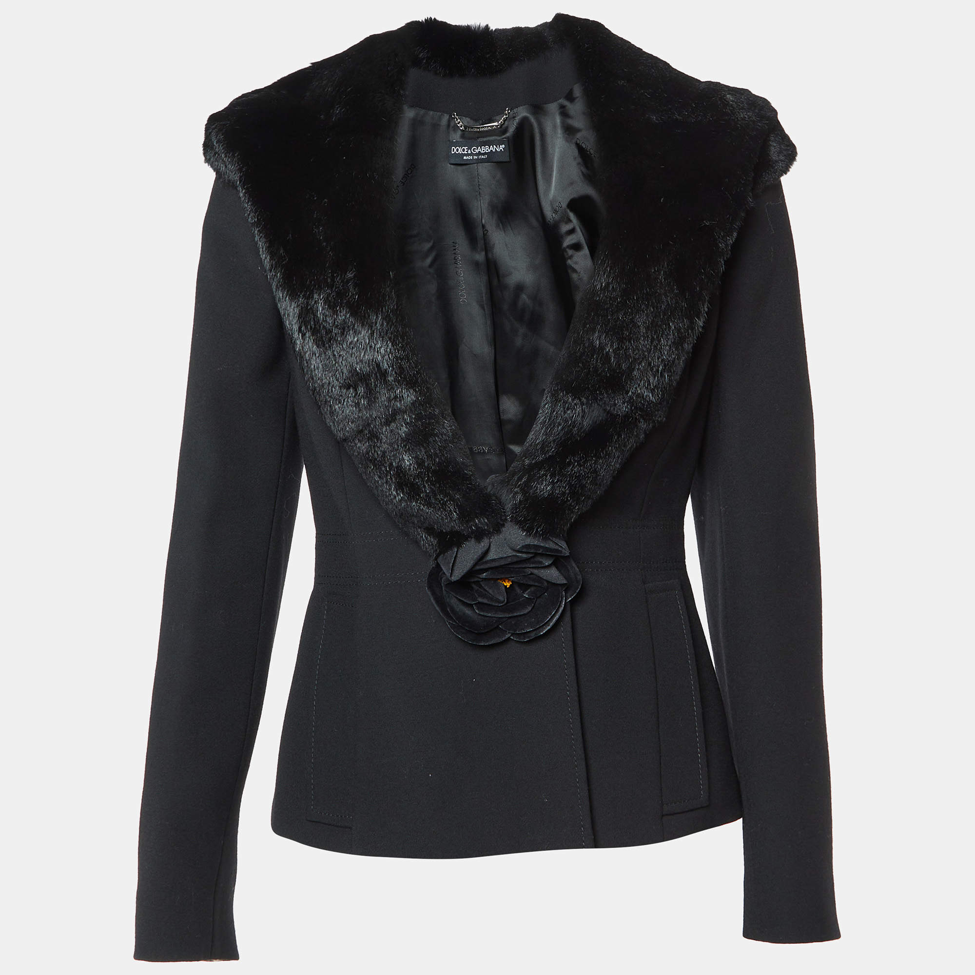 Pre Owned Dolce & Gabbana Black Wool Fur Collar Detail Jacket M
