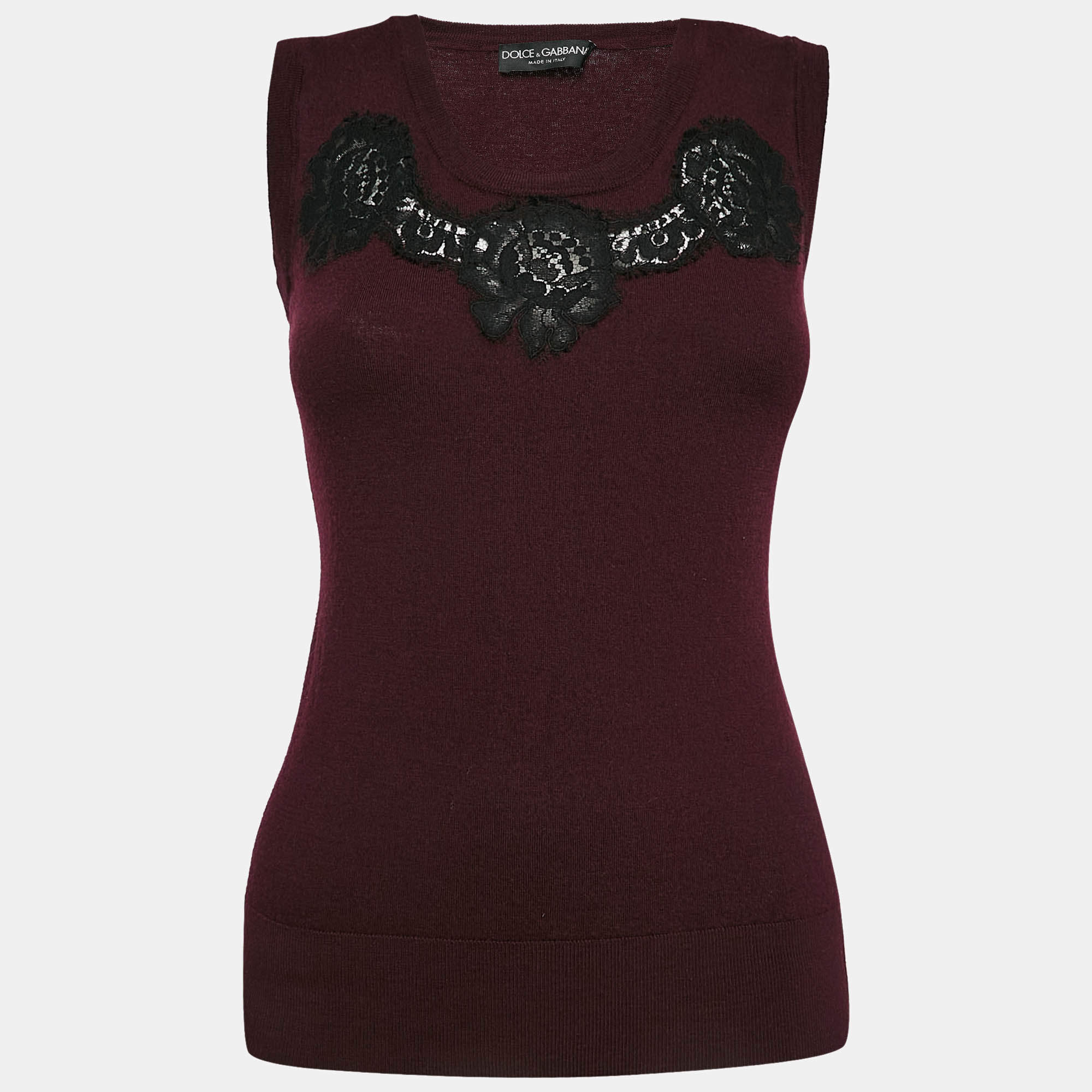 Pre Owned Dolce & Gabbana Burgundy Wool Lace Detail Sleeveless Top M