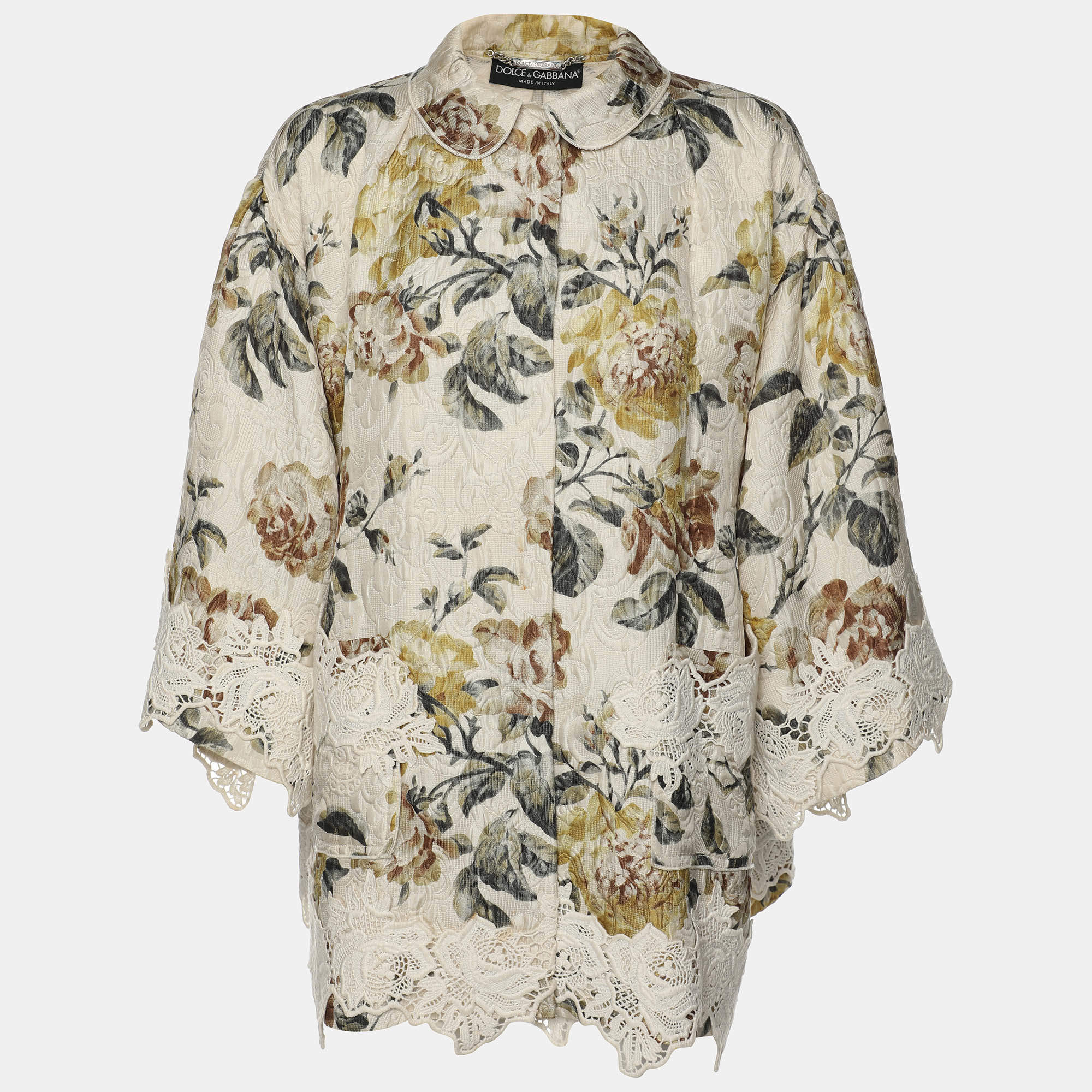 مملوكة مسبقًا Dolce & Gabbana Light Cream Floral Printed Silk Jacquard Button Front Jacket S