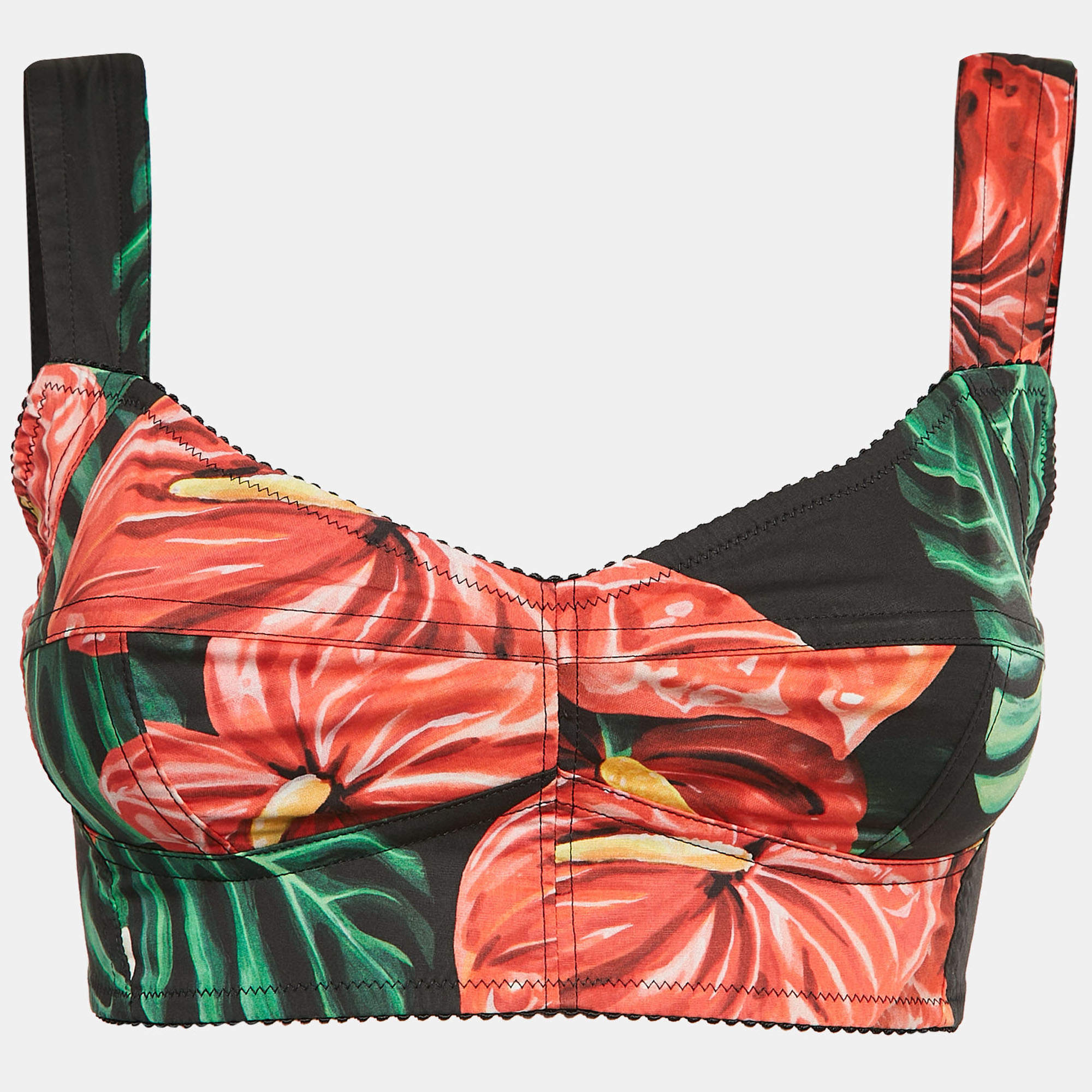 Pre Owned Dolce & Gabbana Black Anthurium Print Cotton Jersey Crop Top S