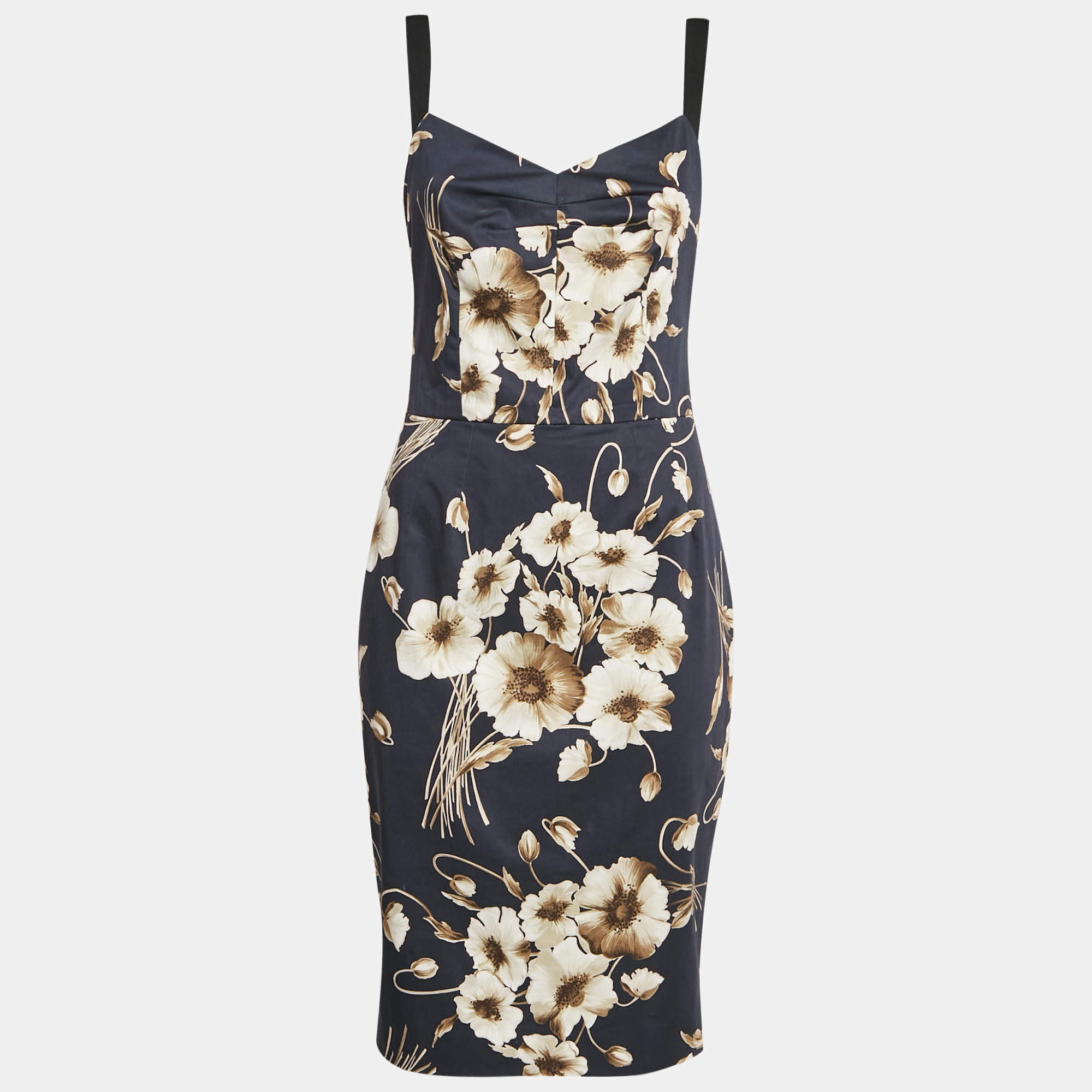 Pre Owned Dolce & Gabbana Navy Blue Floral Print Cotton Midi Dress M