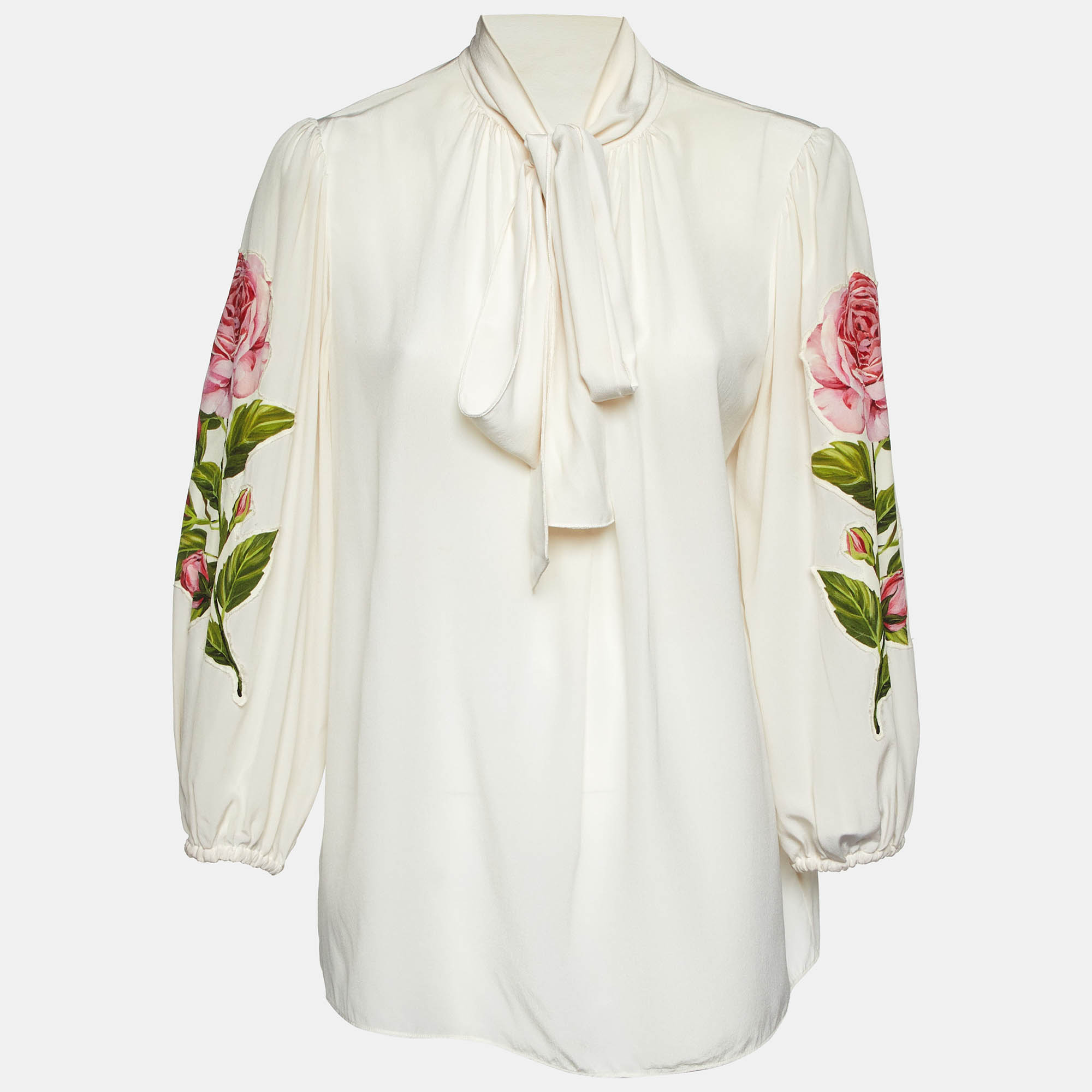 Pre Owned Dolce & Gabbana Cream Floral Appliqued Silk Blouse L