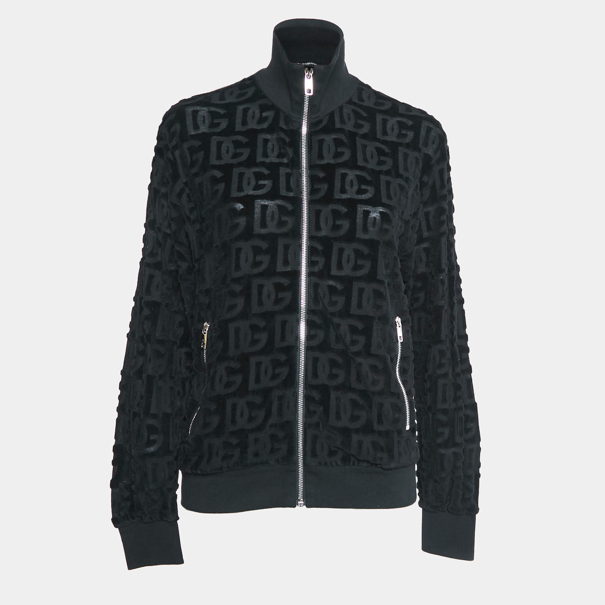 Pre Owned Dolce & Gabbana Black DG Debossed Cotton Knit Bomber Jacket S
