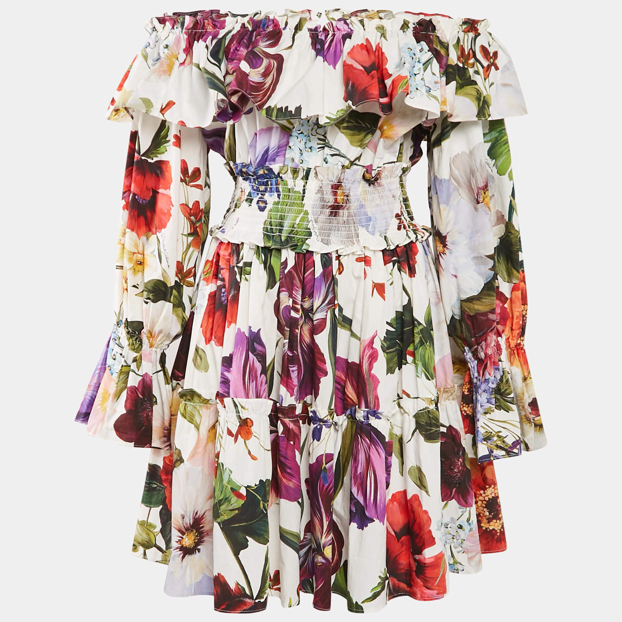 Pre Owned Dolce & Gabbana White Floral Print Cotton Off-Shoulder Mini Dress L