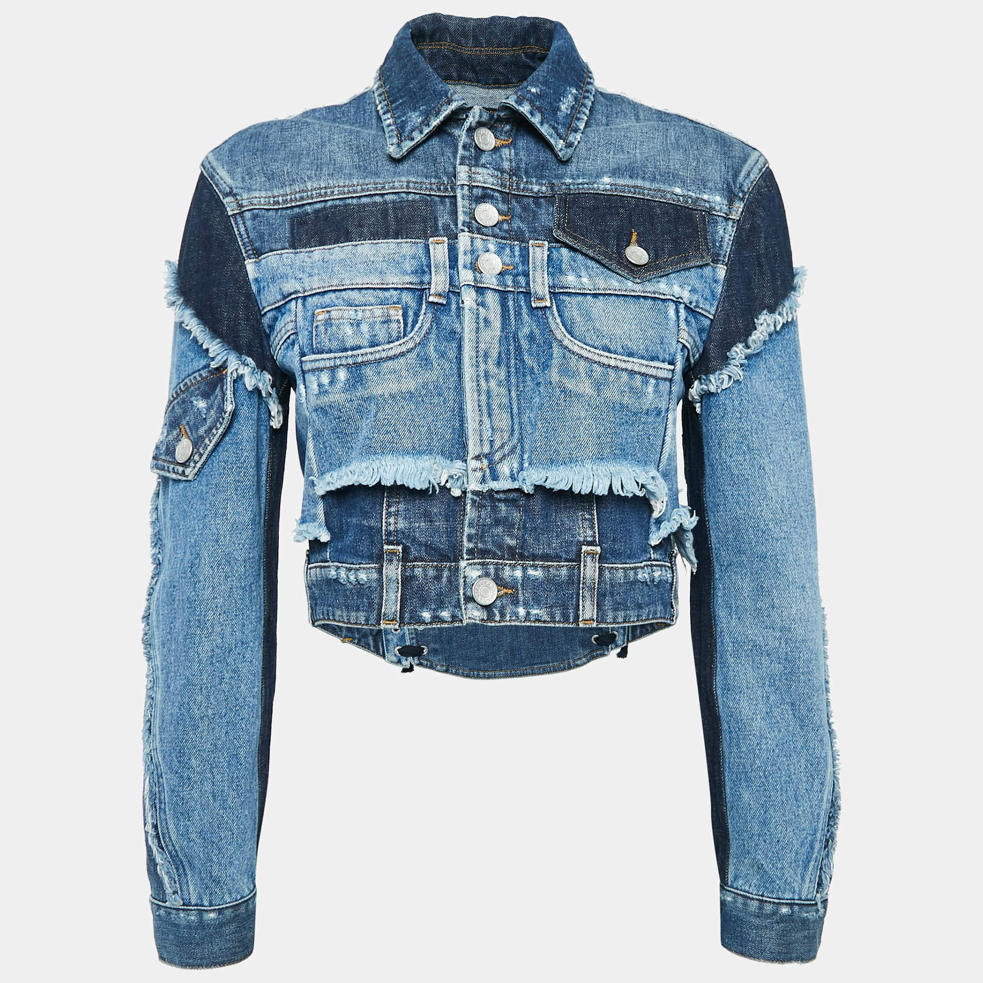 Pre Owned Dolce & Gabbana Blue Patched Denim Lace-Up Crop Jacket XS