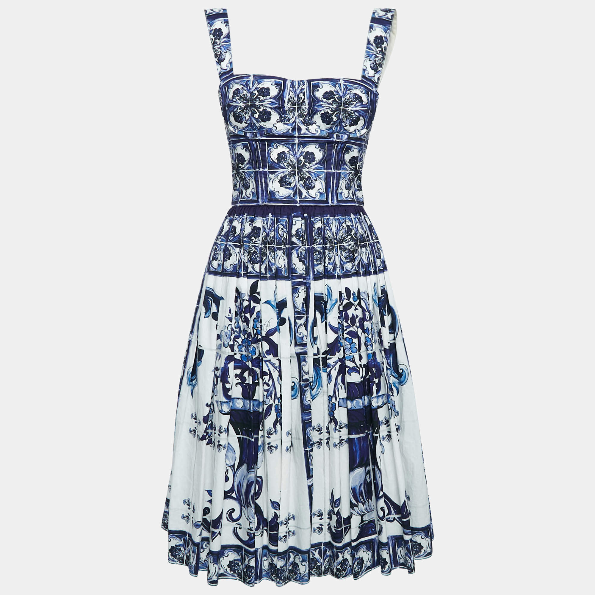 Pre Owned Dolce & Gabbana Blue/White Majolica Print Cotton Pleated Short Dress XS